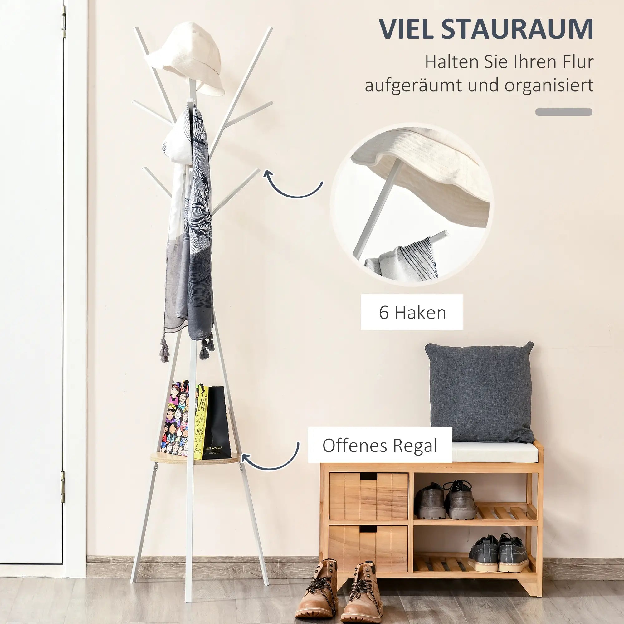 HOMCOM Garderobenständer, Kleiderständer mit 8 Haken, Garderobe mit Ablage, Standgarderob für Kleidung, Hüte, Taschen, Metall, Weiß, 45 x 45 x 180 cm