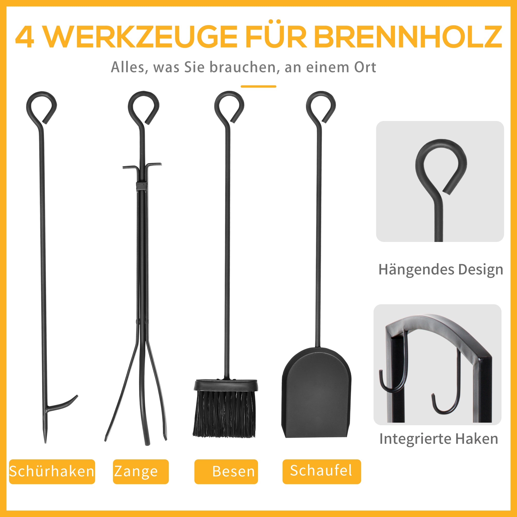 Outsunny Kaminholzständer, Brennholzregal, 2 Etagen, Kaminbesteck, bis 100 kg, Stahl, Schwarz, 40 x 30 x 74,5 cm