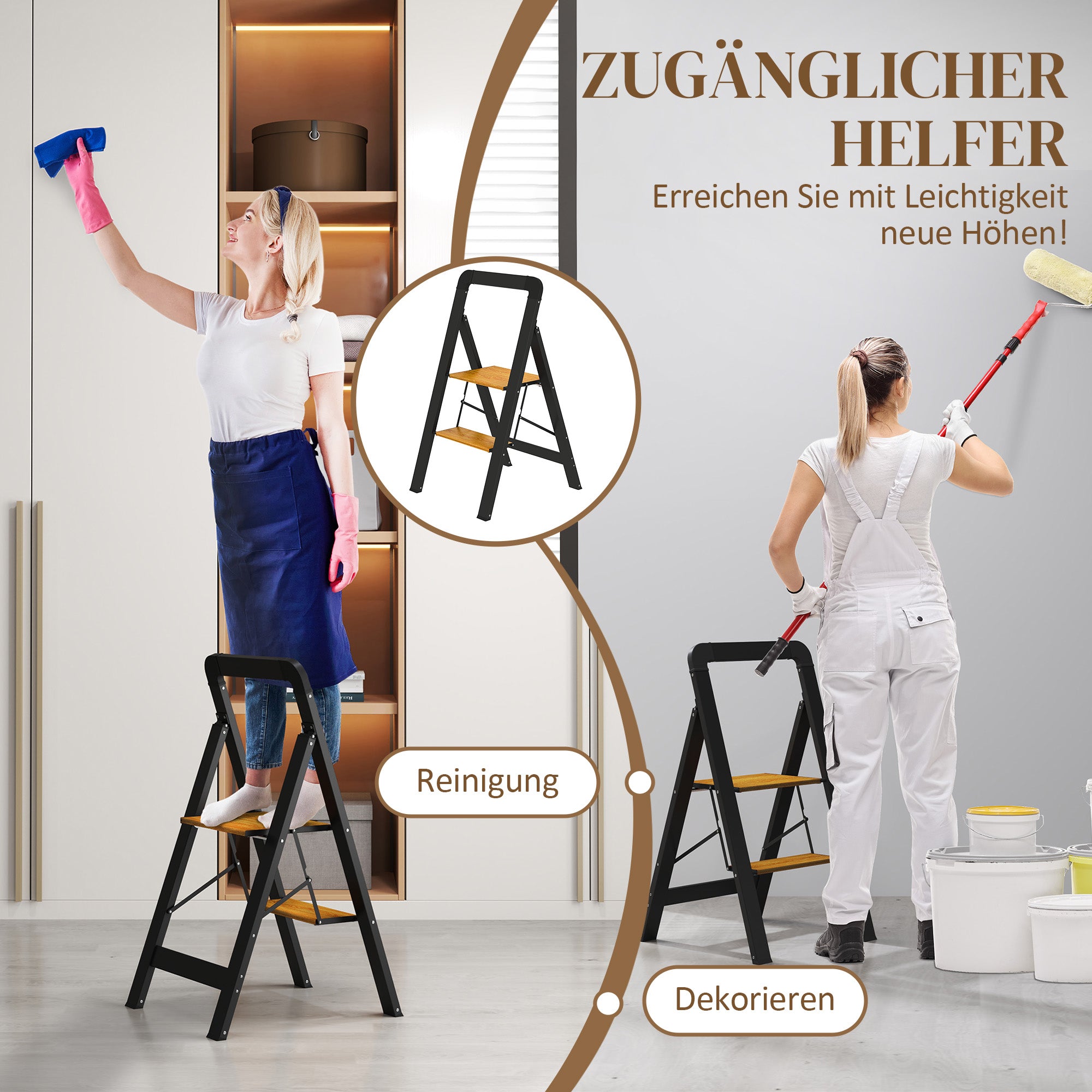 HOMCOM 2-stufige Trittleiter, Metall, faltbar, rutschfeste Plattform, Schwarz