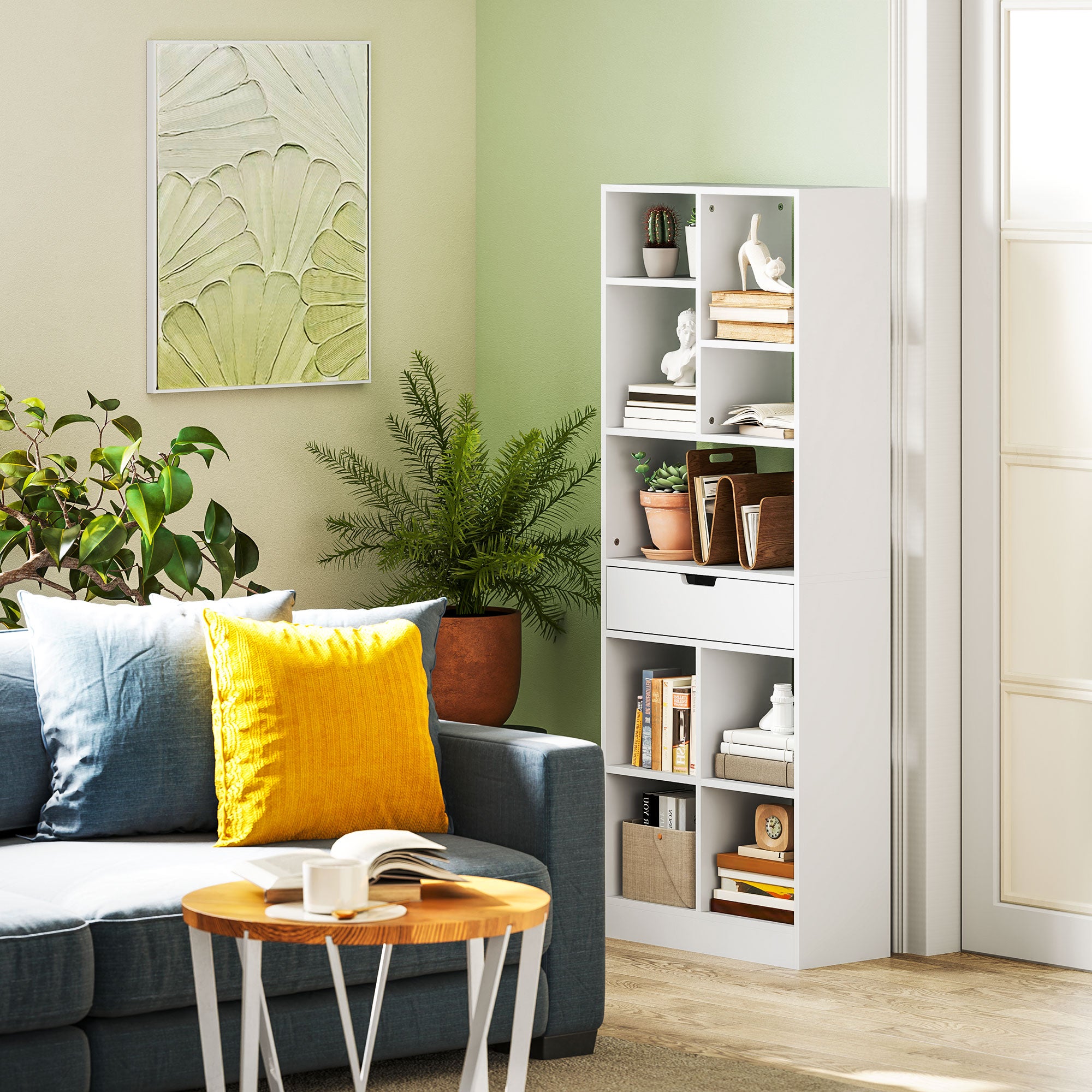 HOMCOM Bücherregal, Mehrzweckregal, 9 Fächer, Schublade, Kippschutz, 60 x 26 x 158 cm, Weiß