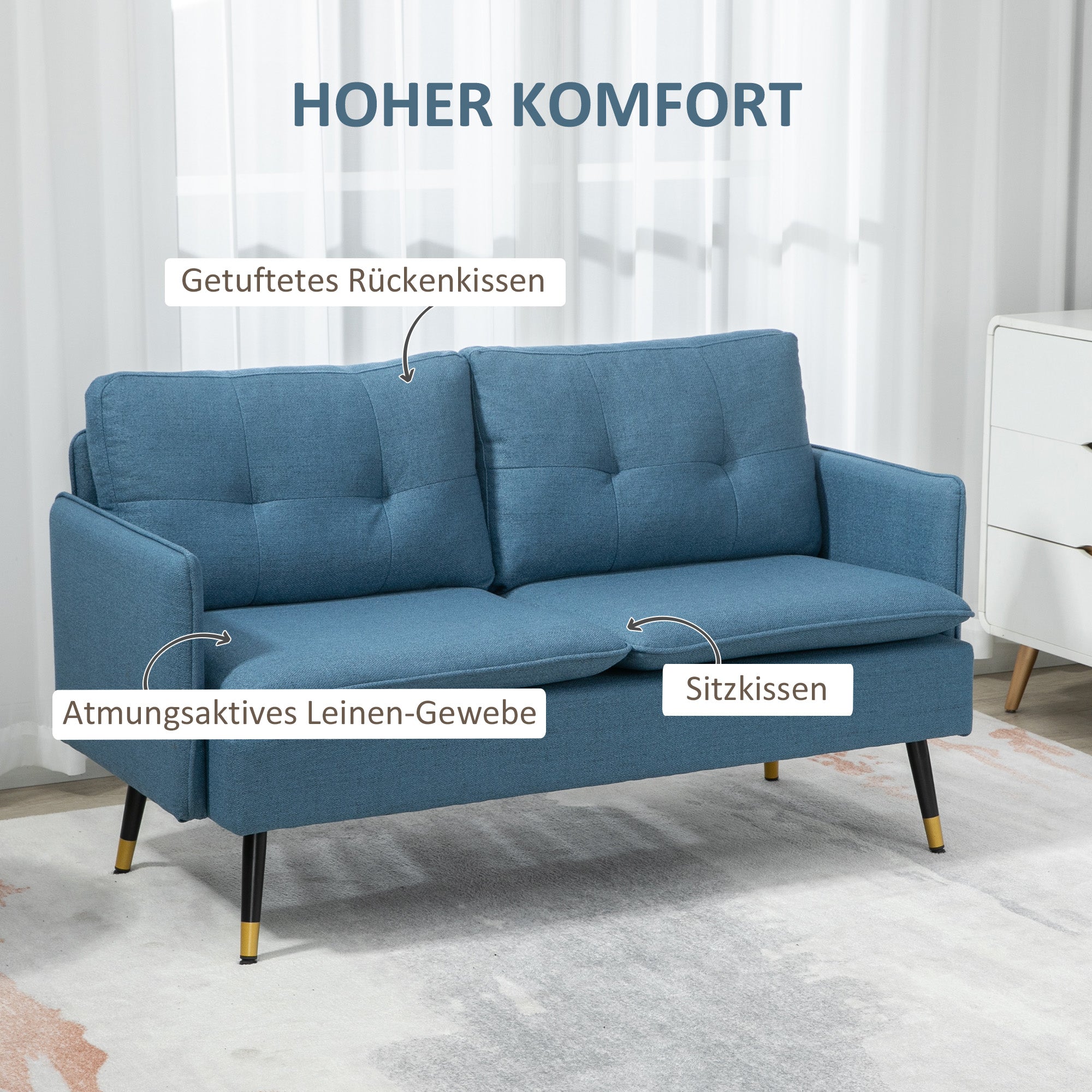 HOMCOM 2er-Sofa im Retrodesign, mit Knopfheftung, Sofa, Leinenoptik, Dunkelblau