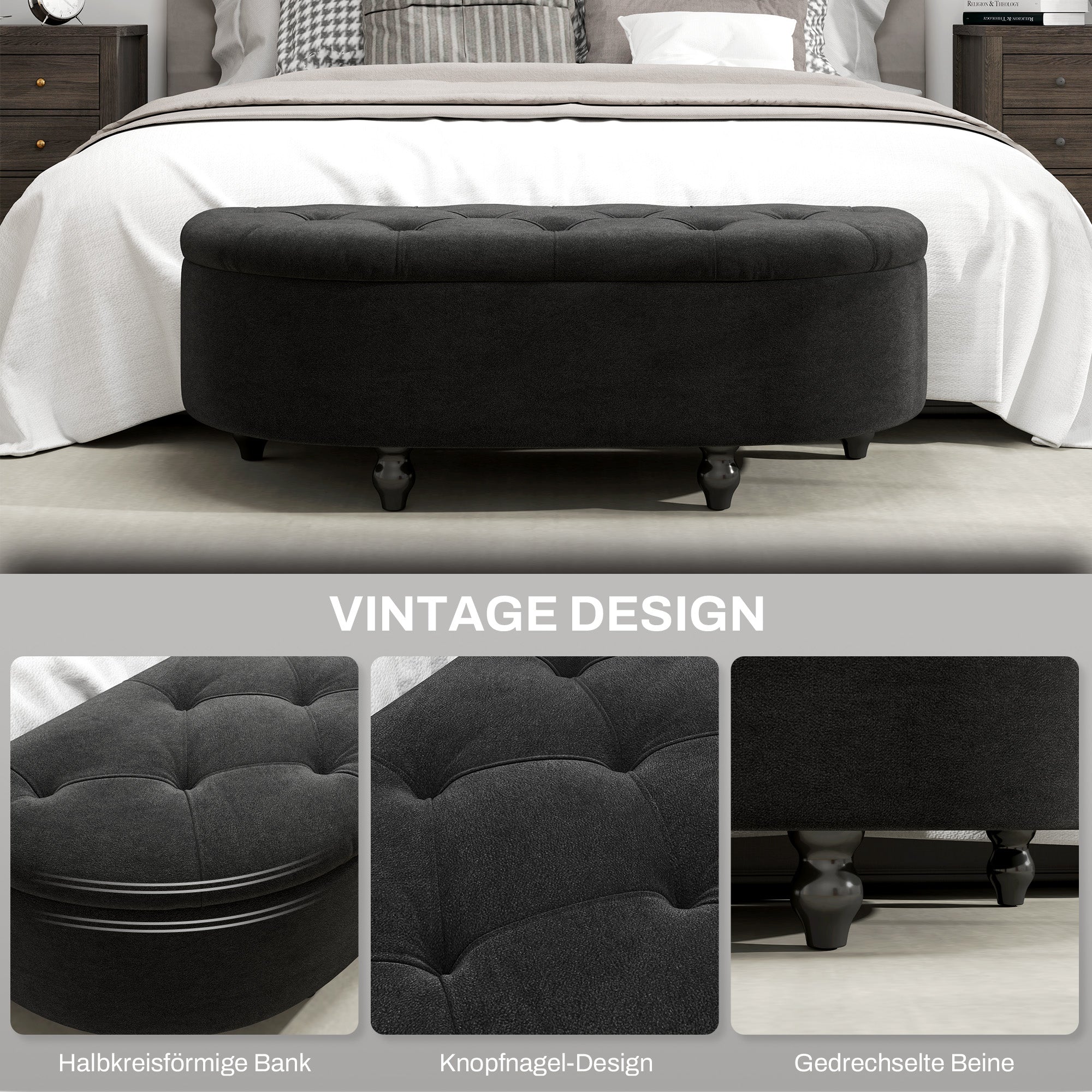 HOMCOM Hocker mit Stauraum, Sitztruhe, gepolstert, soft-close Deckel, Samtoptik, 120 x 46 x 42 cm, Dunkelgrau