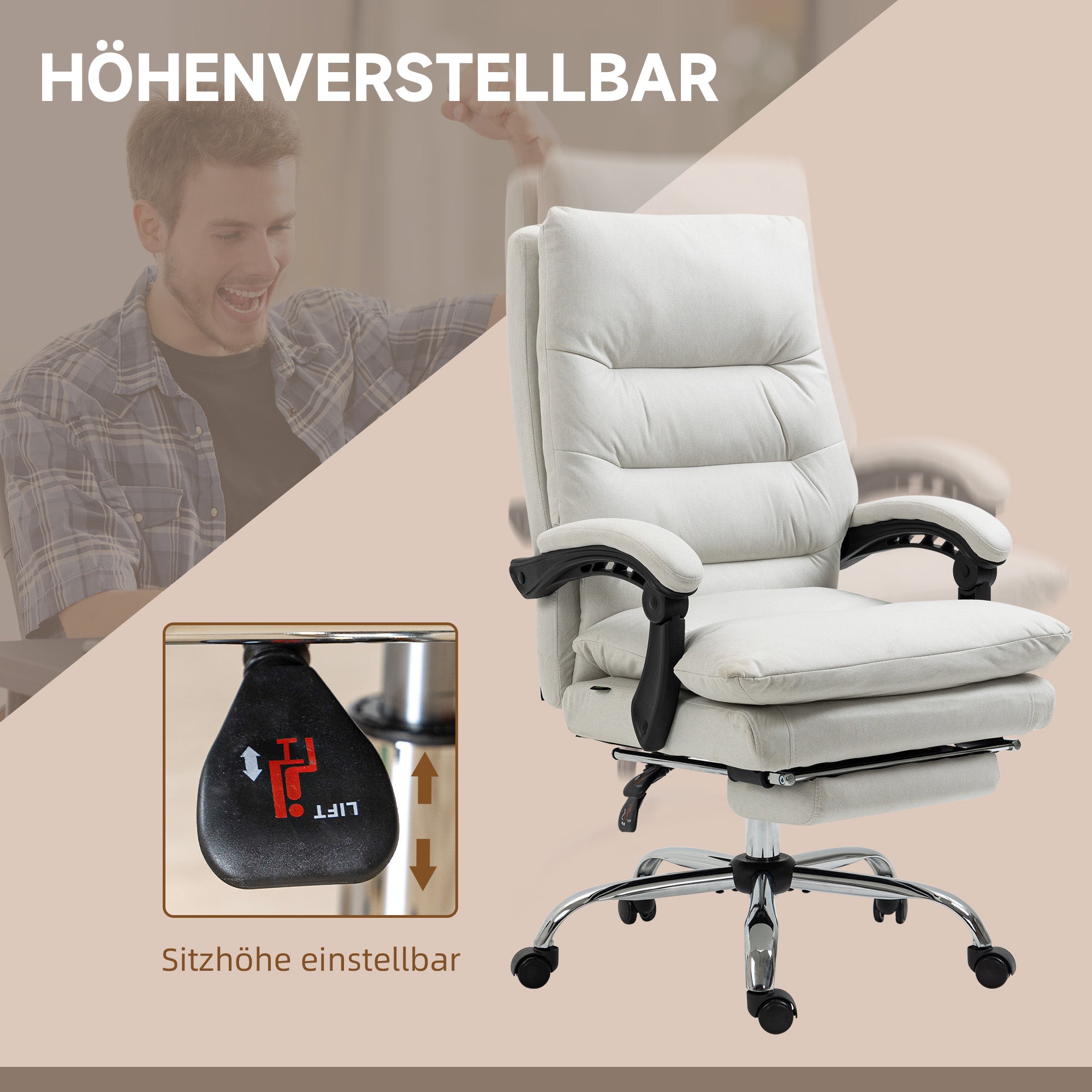 Vinsetto Bürostuhl mit Massagefunktion, beheizbar, neigbar, Kunstleder, 65x72x109-117cm, Cremeweiß