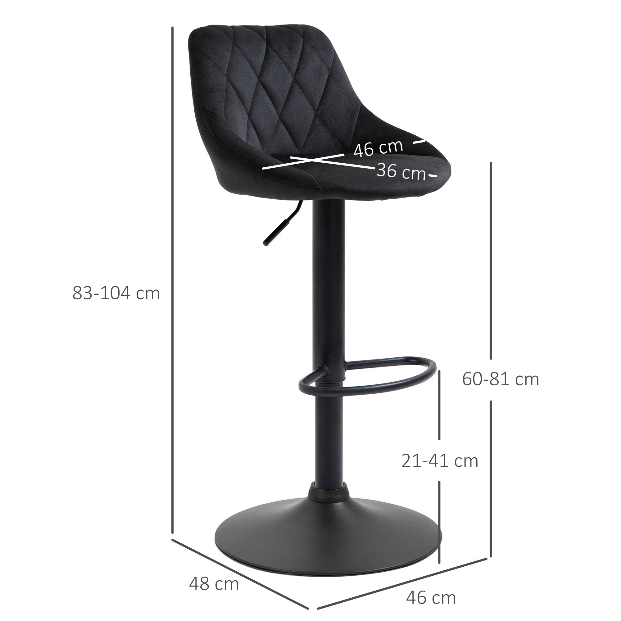 HOMCOM Barhocker 2er-Set Barstuhl mit Lehne, Samt-Optik, Stahlgestell, Höhenverstellbare Küchenstühle mit Fußstütze Drehbar Tresenhocker, Schwarz