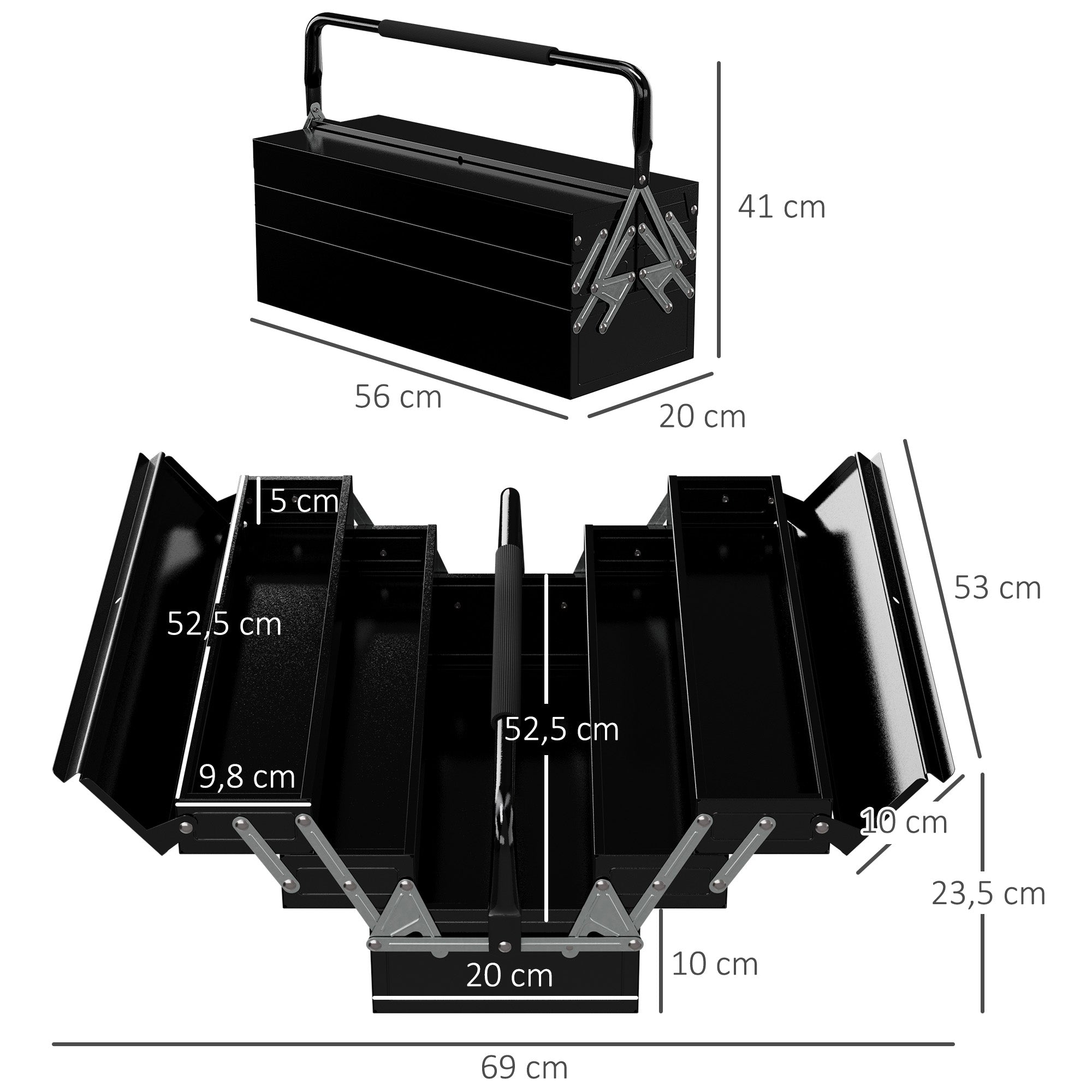 DURHAND Werkzeugkiste, Werkzeugkoffer mit 3 Etagen, Stahl, 56L x 20B x 41H cm, Schwarz