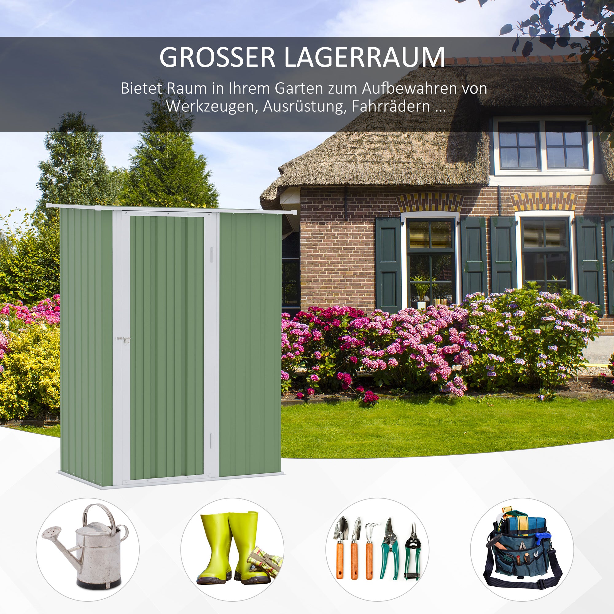 Outsunny Gerätehaus Gartenhaus Geräteschuppen mit Tür Outdoor Stahl Grün 142 x 84 x 189 cm