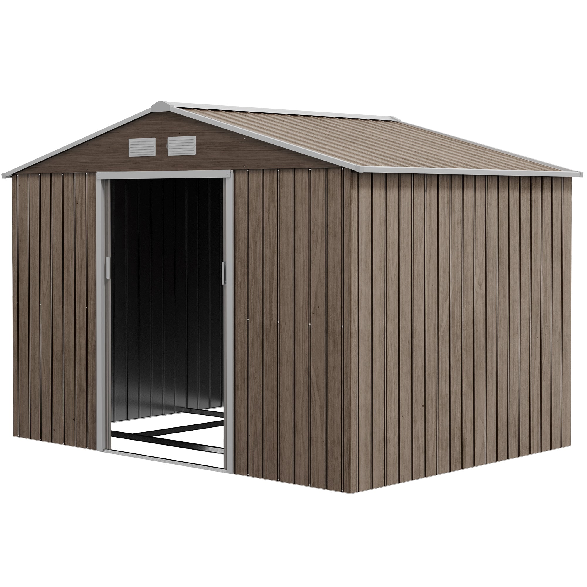 Outsunny Geräteschuppen, 2 Schiebetüren, 4 Fenster, wetterfest, Metallgehäuse, 2,7 x 1,9 x 1,9 m, Braun