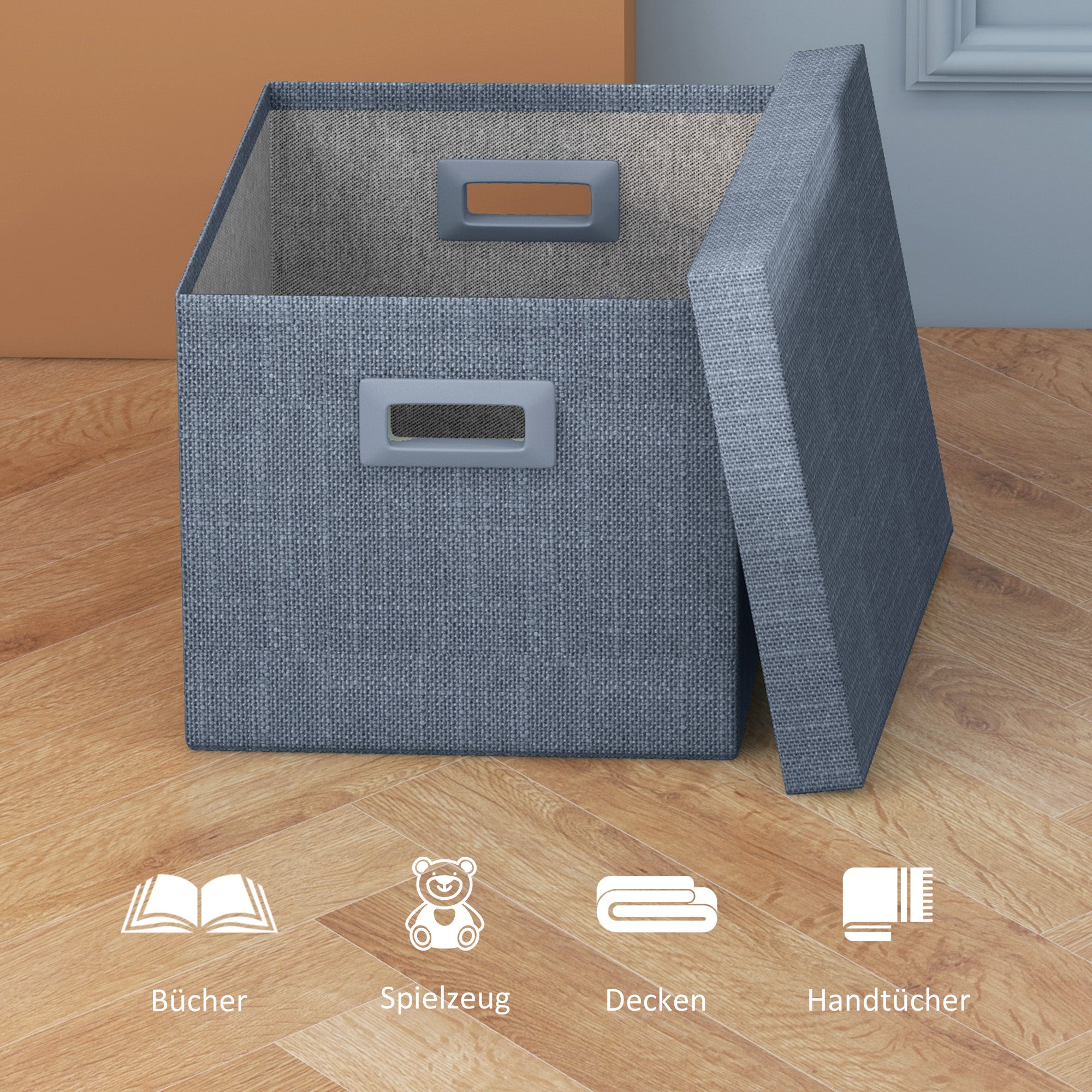 HOMCOM Aufbewahrungsbox Set, abnehmbarer Deckel, Griffe, faltbar, stapelbar, Leinenimitat, Blau