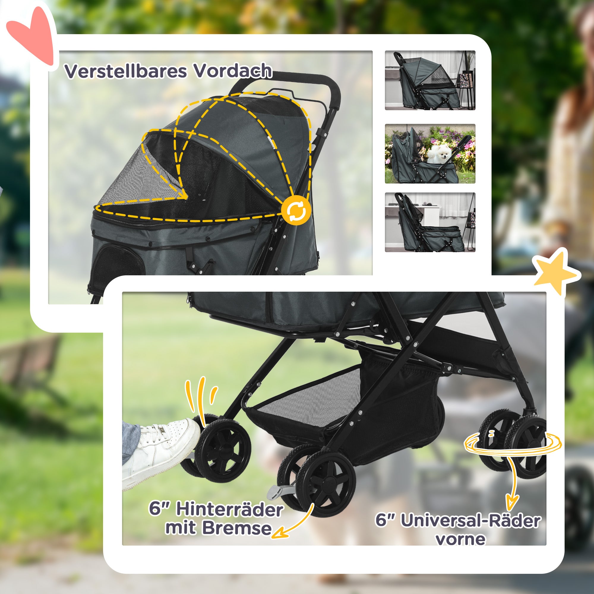 PawHut Hundebuggy Hundewagen bis 10 kg Klappbar Netzfenster Ablagekorb verstellbares Vordach Dunkelgrau 76,5 x 52 x 95 cm