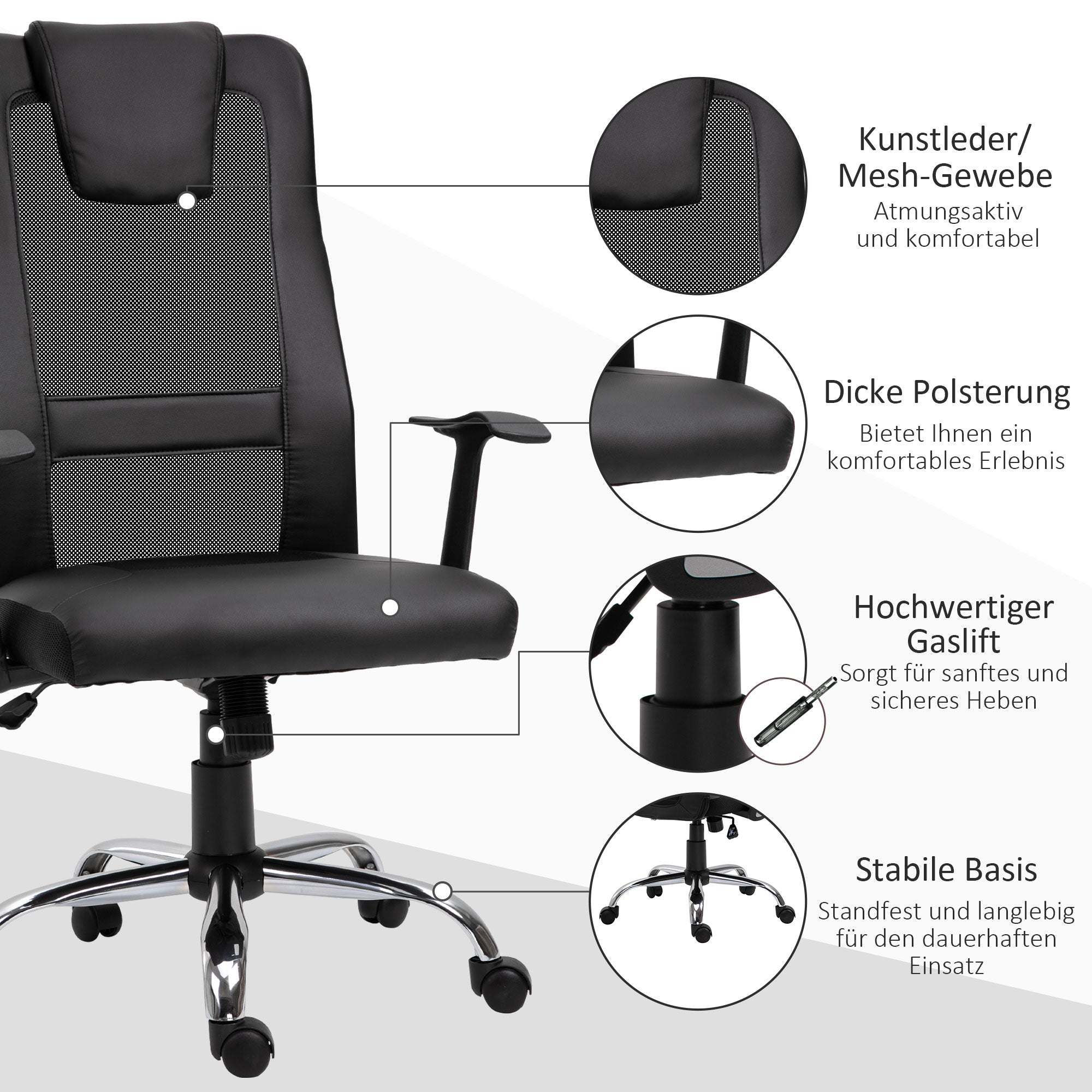 Vinsetto Bürostuhl Drehstuhl höhenverstellbar Chefsessel Schreibtischstuhl ergonomisch PU schwarz 66 x 73 x 108-118 cm