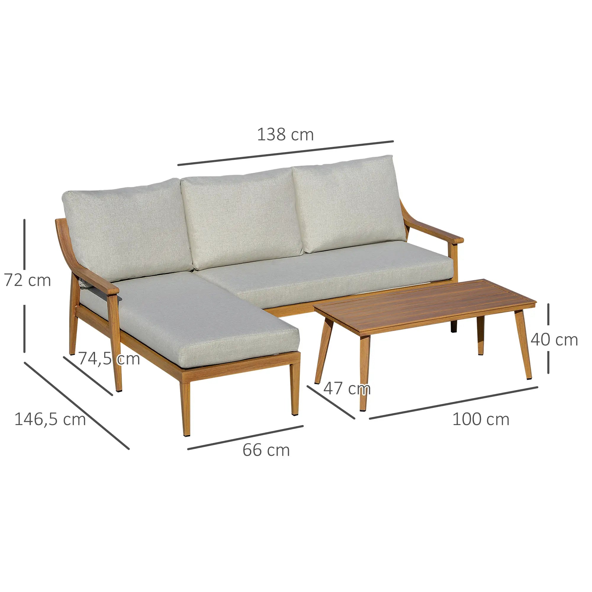 Outsunny Gartenmöbelset 3-tlg. mit Chaiselongue Outdoor Aluminium Naturholz