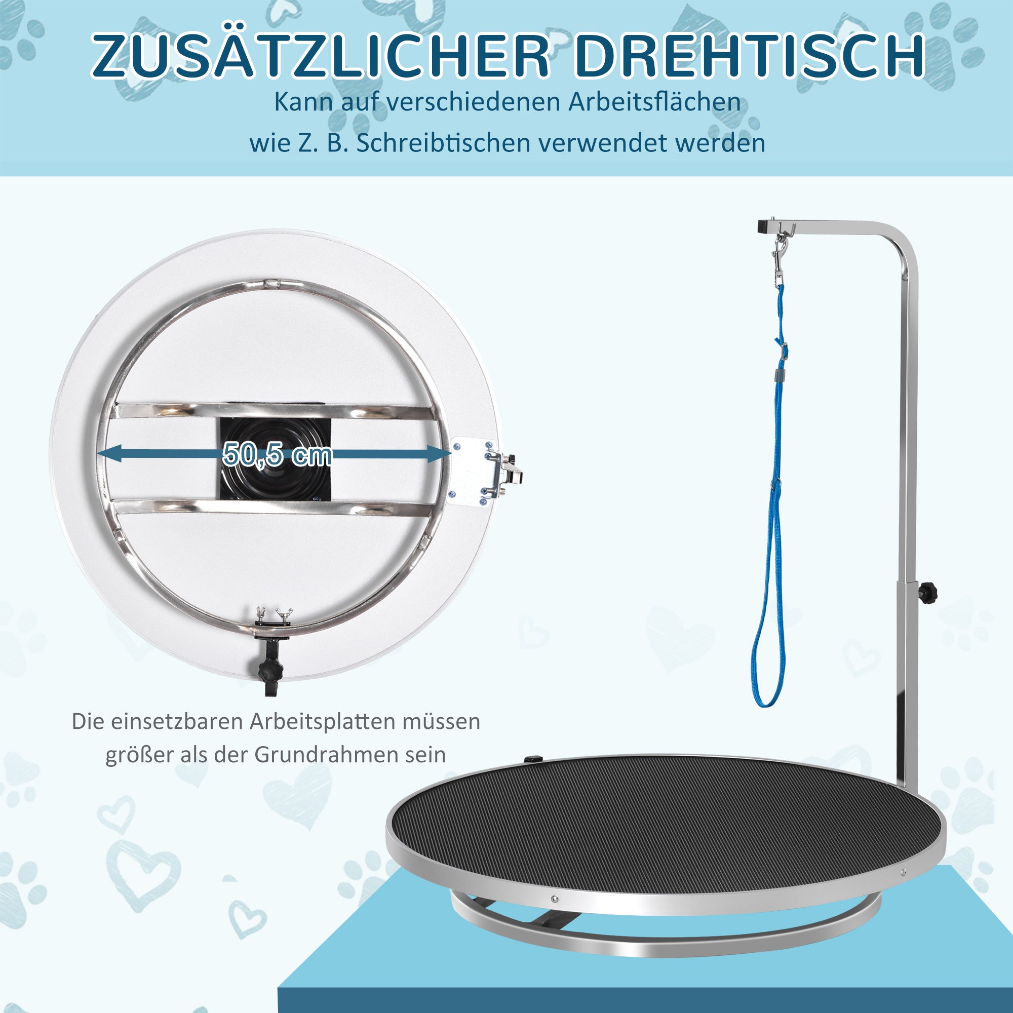 PawHut Hund Trimmtisch Tierpflegetisch drehbar trocknen Tabelle mit verstellbaren Arm rutschfeste Tischplatte Verriegelungssystem Aluminium-Legierung Rand Edelstahl Rahmen Sicherheit Leine Ø65x H10