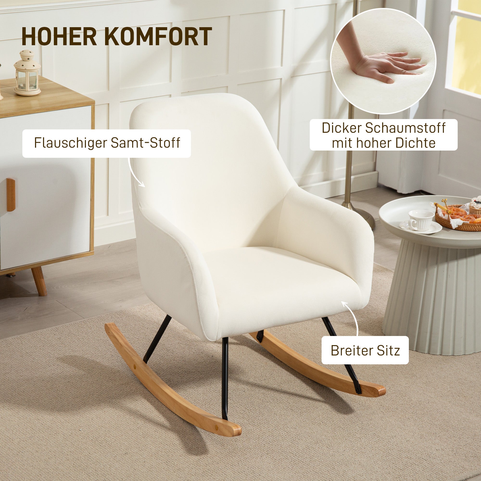 HOMCOM Schaukelstuhl, weicher Bezug in Samtoptik, Polsterung, breite Lehne, Cremeweiß