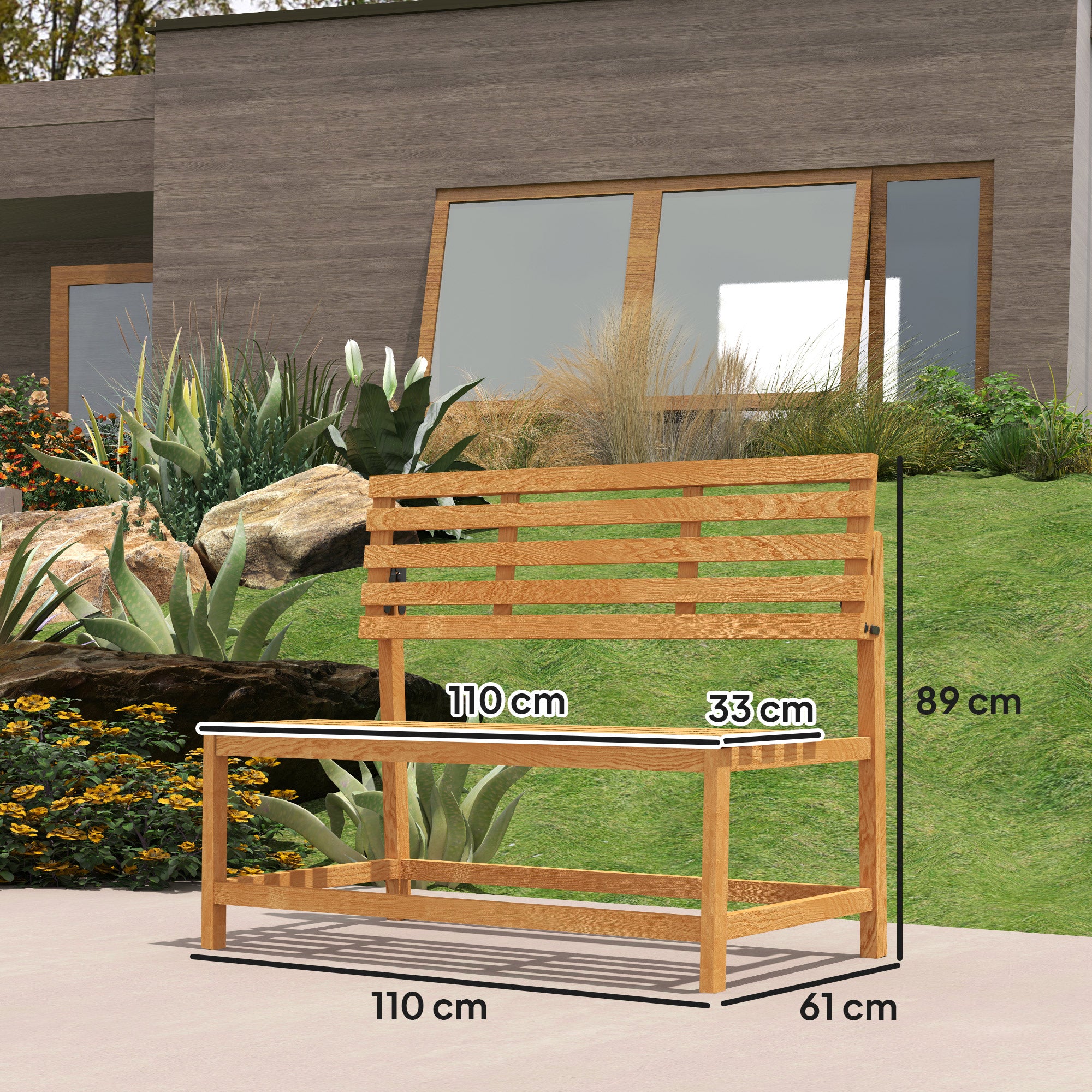 Outsunny 2-Sitzer Gartenbank Holz, wetterfest Sitzbank, UV-Beständig Gartenmöbel mit Umwandelbare Rückenlehnen 110x61x89cm, Teak