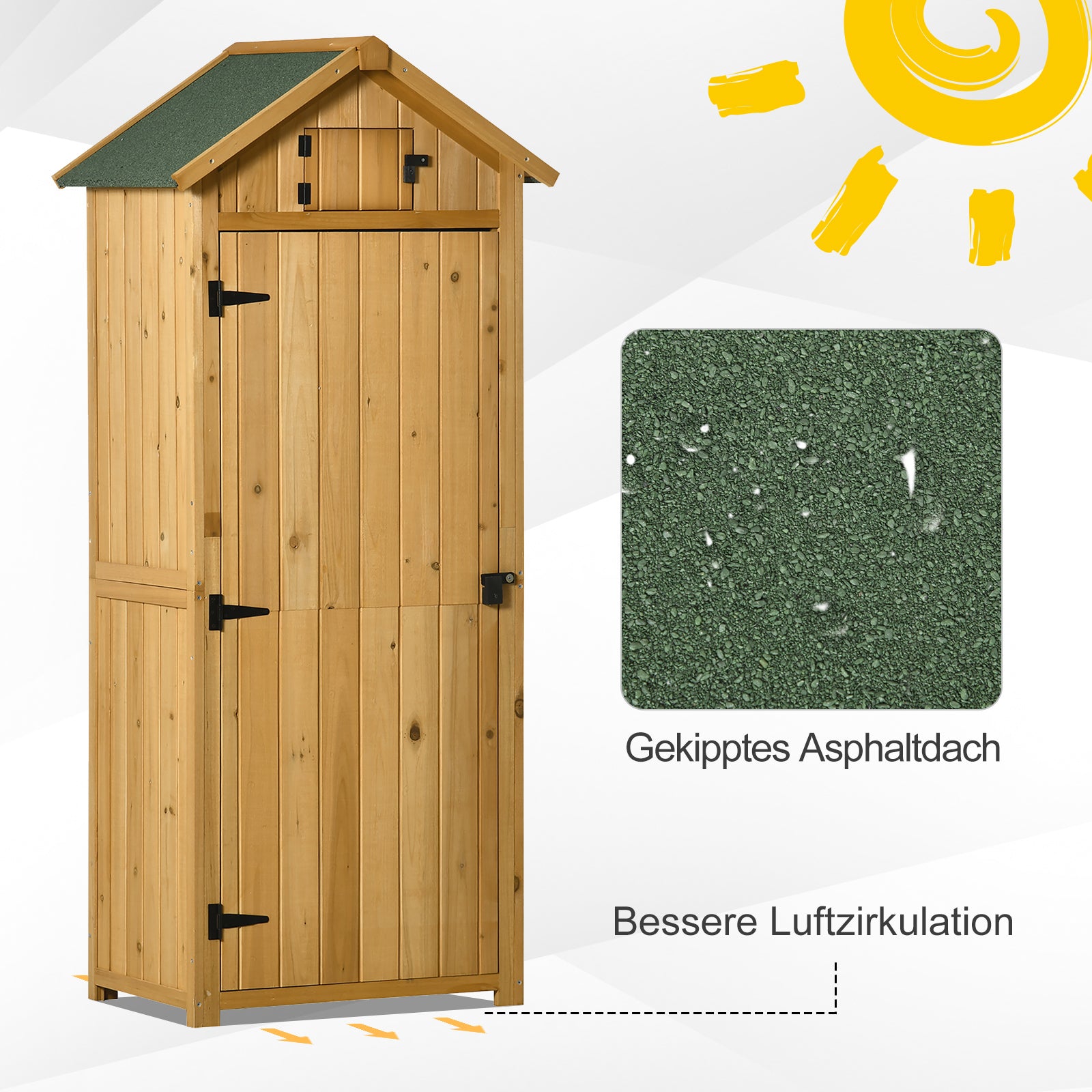Outsunny Gartenschrank Gartenhaus Gerätehaus Geräteschuppen mit Fachböden Asphaltdach Fenster Holz Gelb+Grün 77 x 54,2 x 179 cm