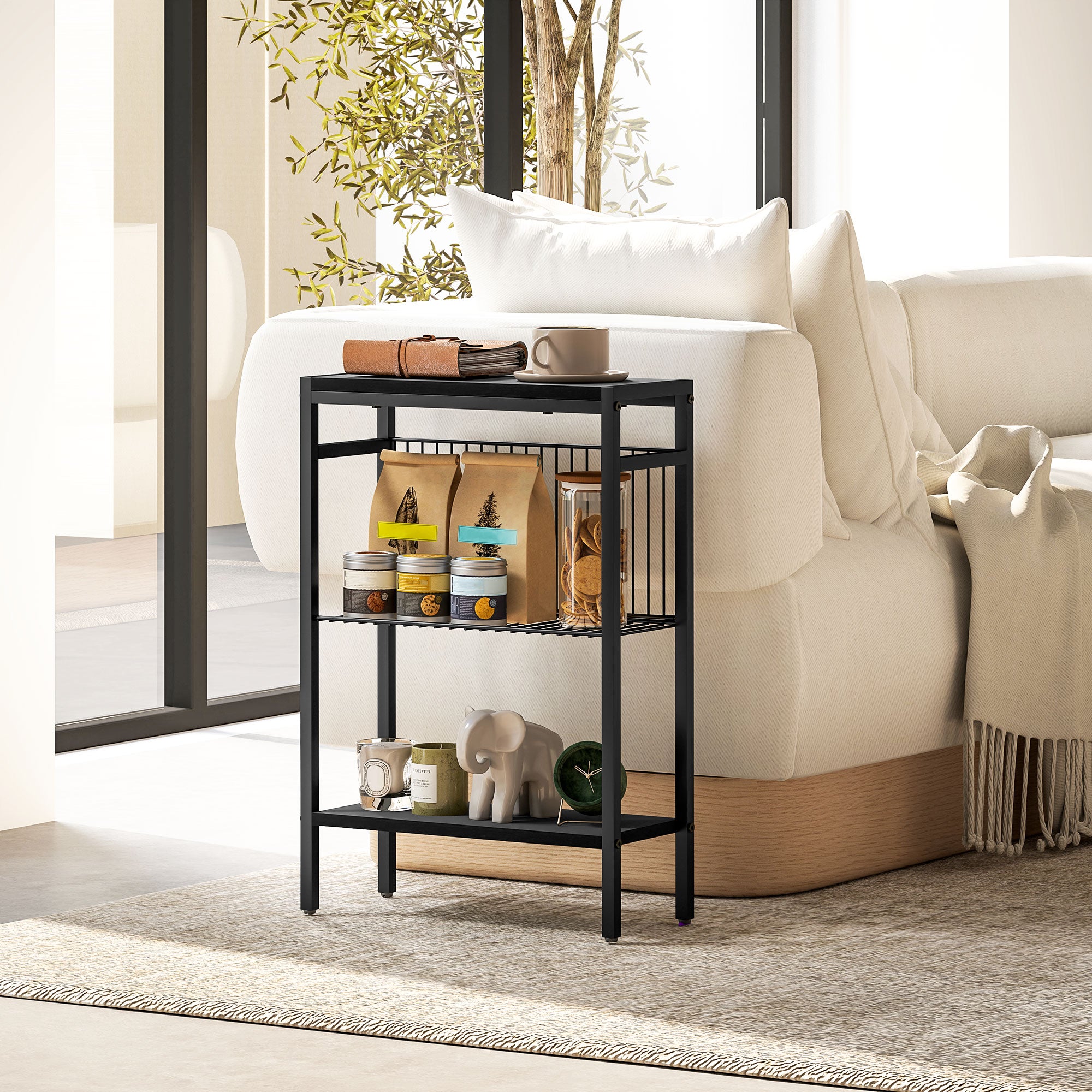 HOMCOM Beistelltisch, 3-stufiges Design, Regale in Holzoptik, Stahlrahmen, Schwarz