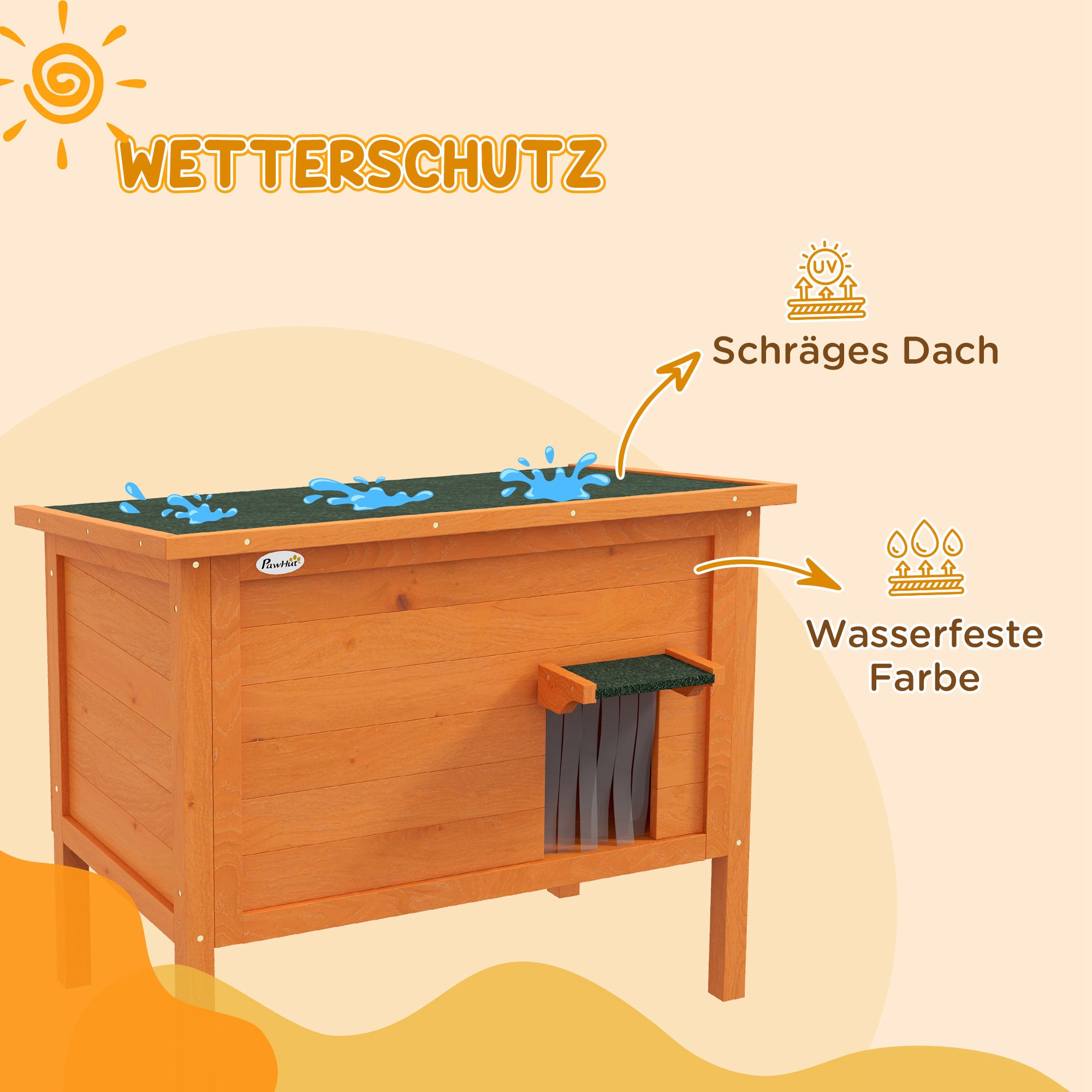 PawHut Katzenhaus Outdoor-Katzenhaus Katzenhütte, wetterbeständig, 1 Fenster, 1 Eingang, 85 x 50 x 68,5 cm, Orange+Grün