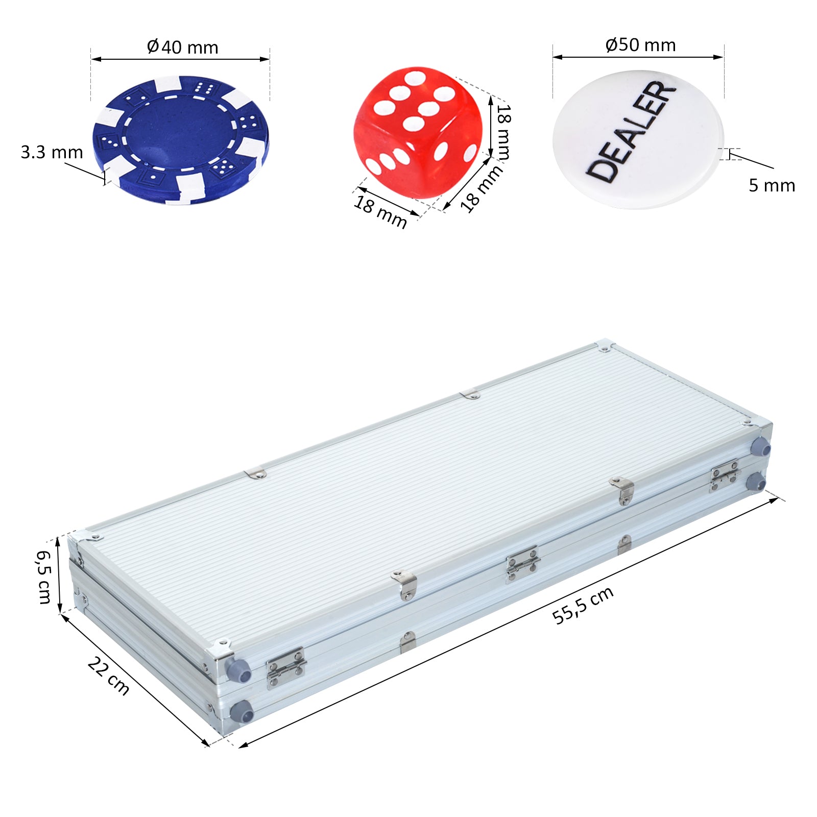 HOMCOM Pokerset, 500 Chips, 2 Kartendecks, 5 Würfel, Aluminium-Koffer, verschließbar