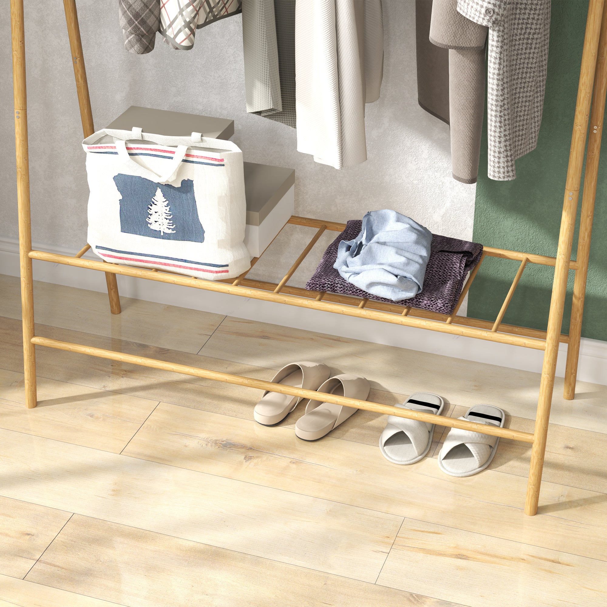 HOMCOM Bambus-Kleiderständer mit Schuhregal und Haken, freistehend, für Eingangsbereich, Schlafzimmer, Naturholz