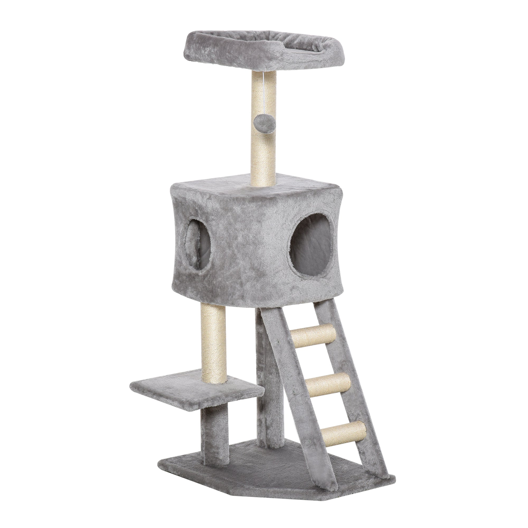PawHut Kratzbaum 120 cm Katzenturm mit Höhle, Spielball, Sisalstämme,  Plattform, Treppe, mehrstöckiger Katzenkratzbaum, Kletterbaum für Katzen, Hellgrau