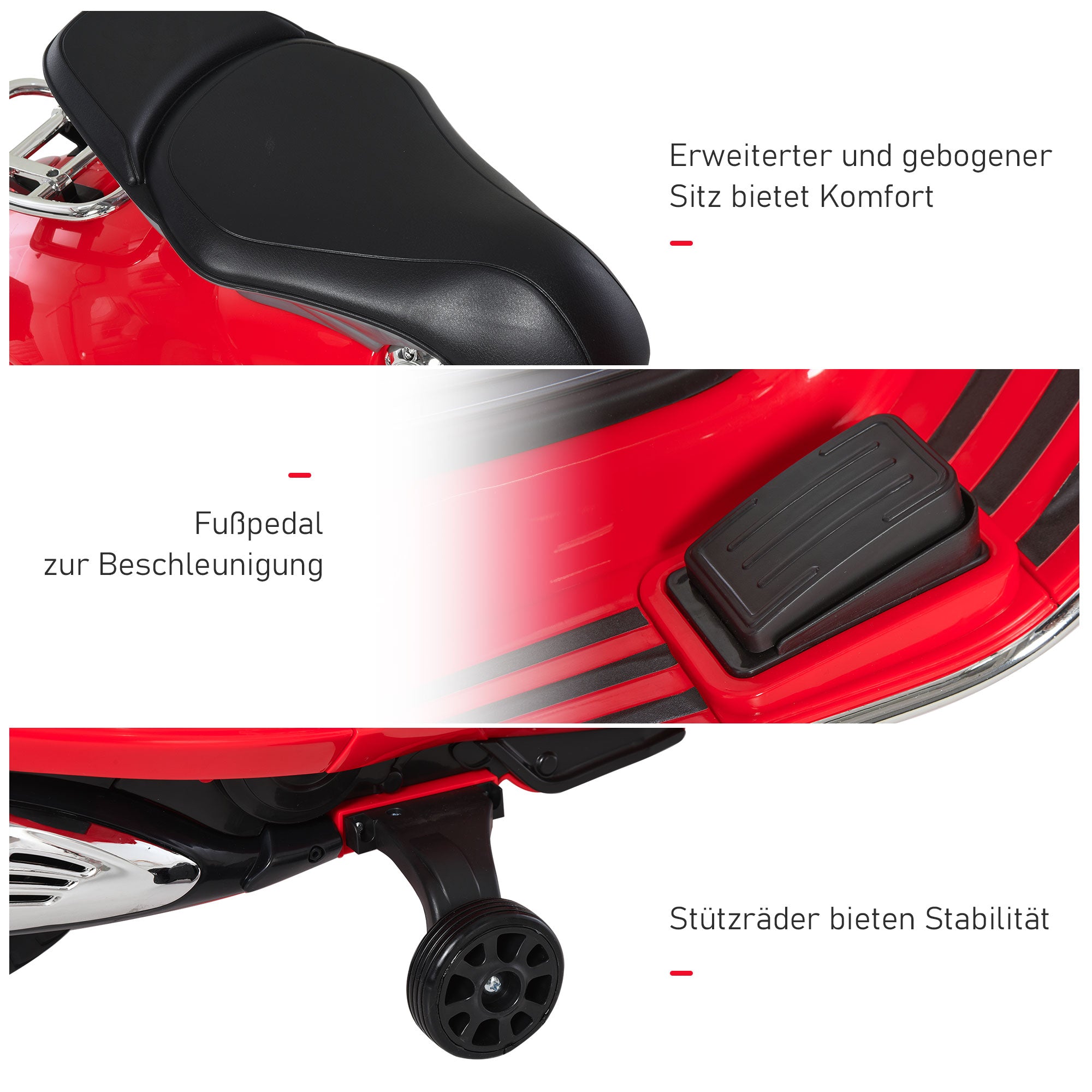 HOMCOM Kinder Elektro-Motorrad, 6V Kindermotorrad mit Scheinwerfer, Musik, Vor- und Rückwärtsgang, Trainingsräder, 30 kg belastbar, Elektromotorrad für 3-6 Jahre Kinder, Rot