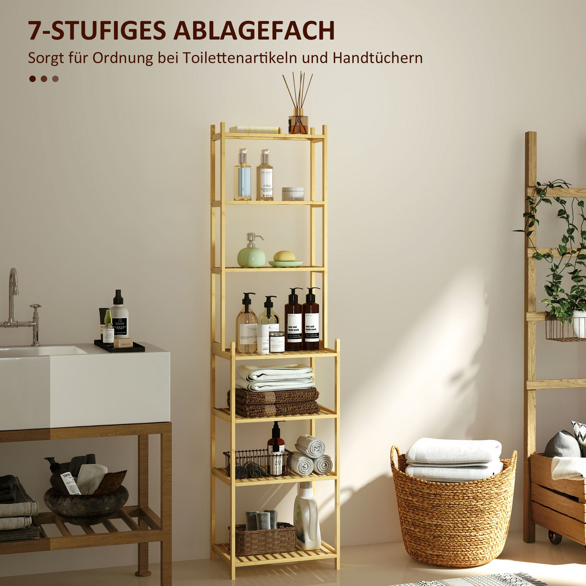 HOMCOM Badezimmerregal mit 7 Ebenen, Badregal aus Bambus, wasserfest, robust, 180 cm