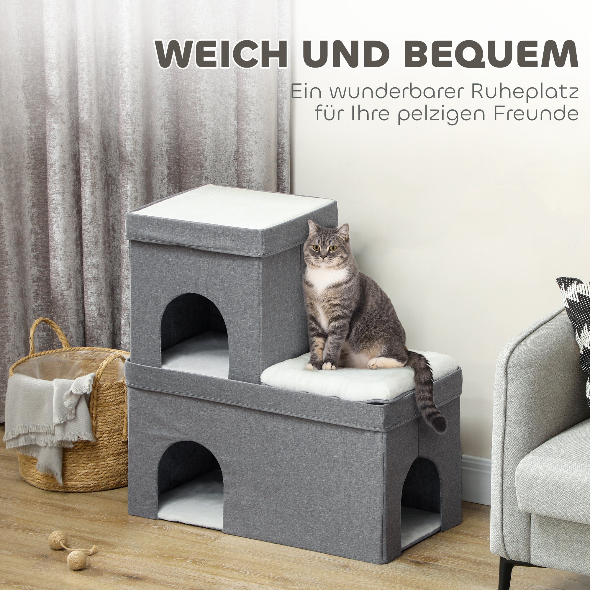 PawHut Katzenhaus mit 2 Katzenhöhlen, einfache Montage, Plüsch, 74 x 37,5 x 78,5 cm, Grau/Cremeweiß
