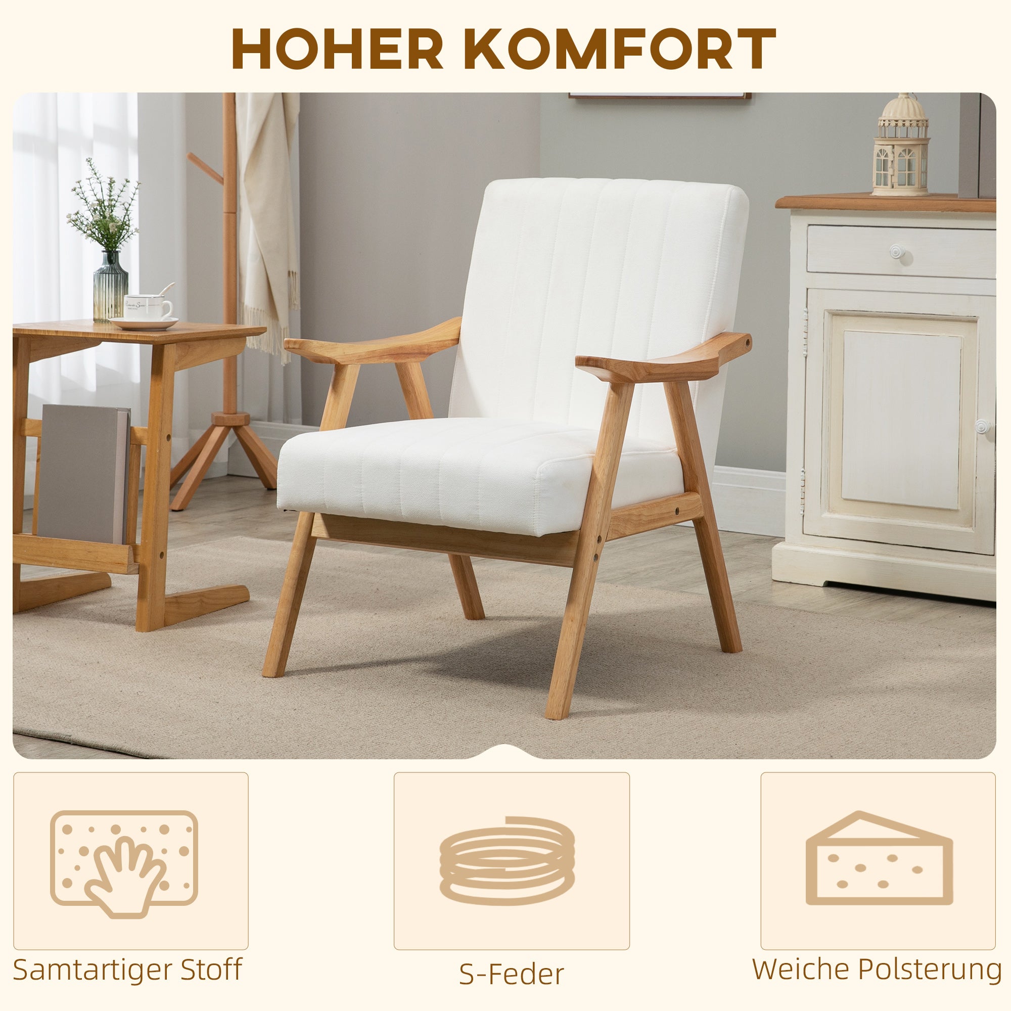 HOMCOM Polstersessel im Skandi-Design, Samtoptik, Massivholzrahmen, 68 x 74 x 82cm, Natur+Creme