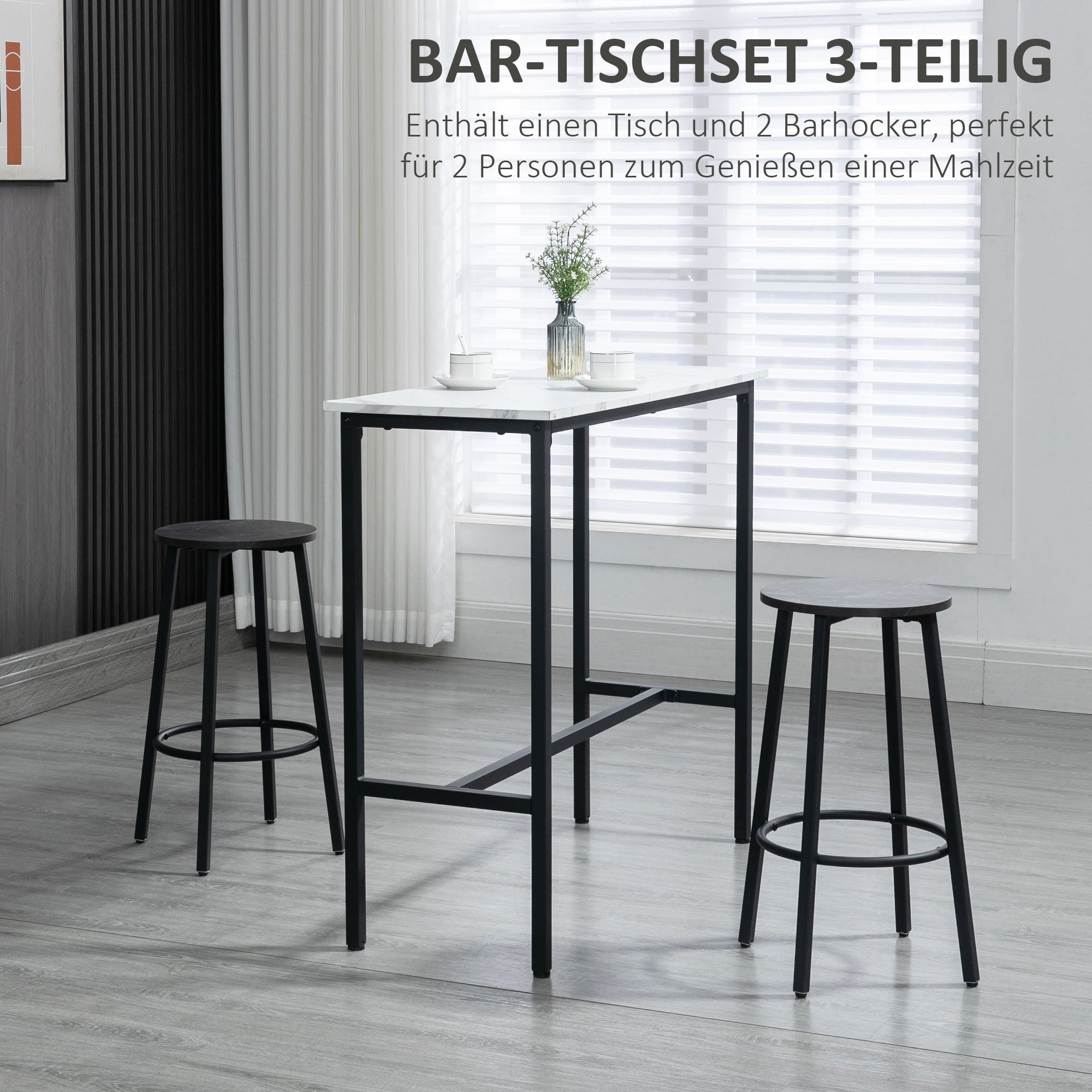 HOMCOM Bar-Set für 2 Personen, 1 Tisch mit 2 Barhockern, Tischplatte in weißer Marmoroptik, Stahlrahmen
