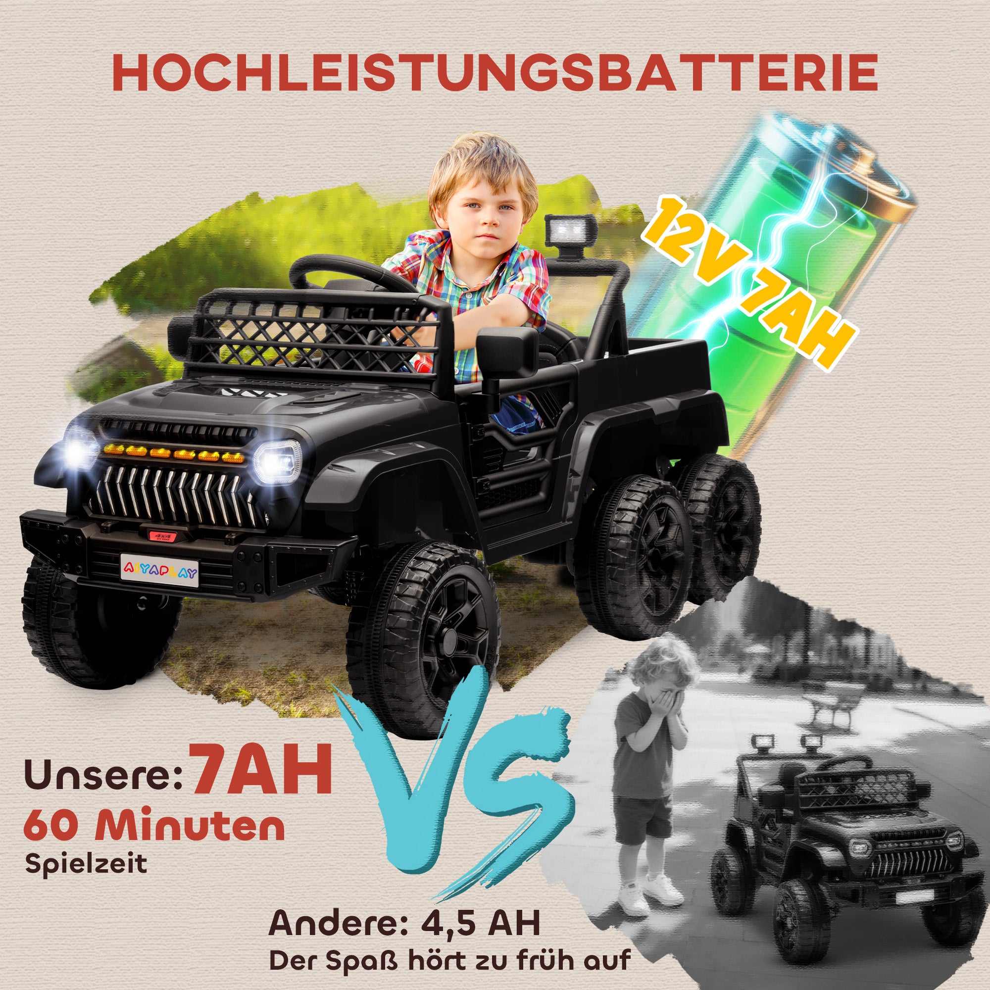 AIYAPLAY 12V Elektrisches Kinderauto, mit Anhänger, LED-Lichtern, Musik und Hupe, für Kinder im Alter von 3-8 Jahren, Schwarz