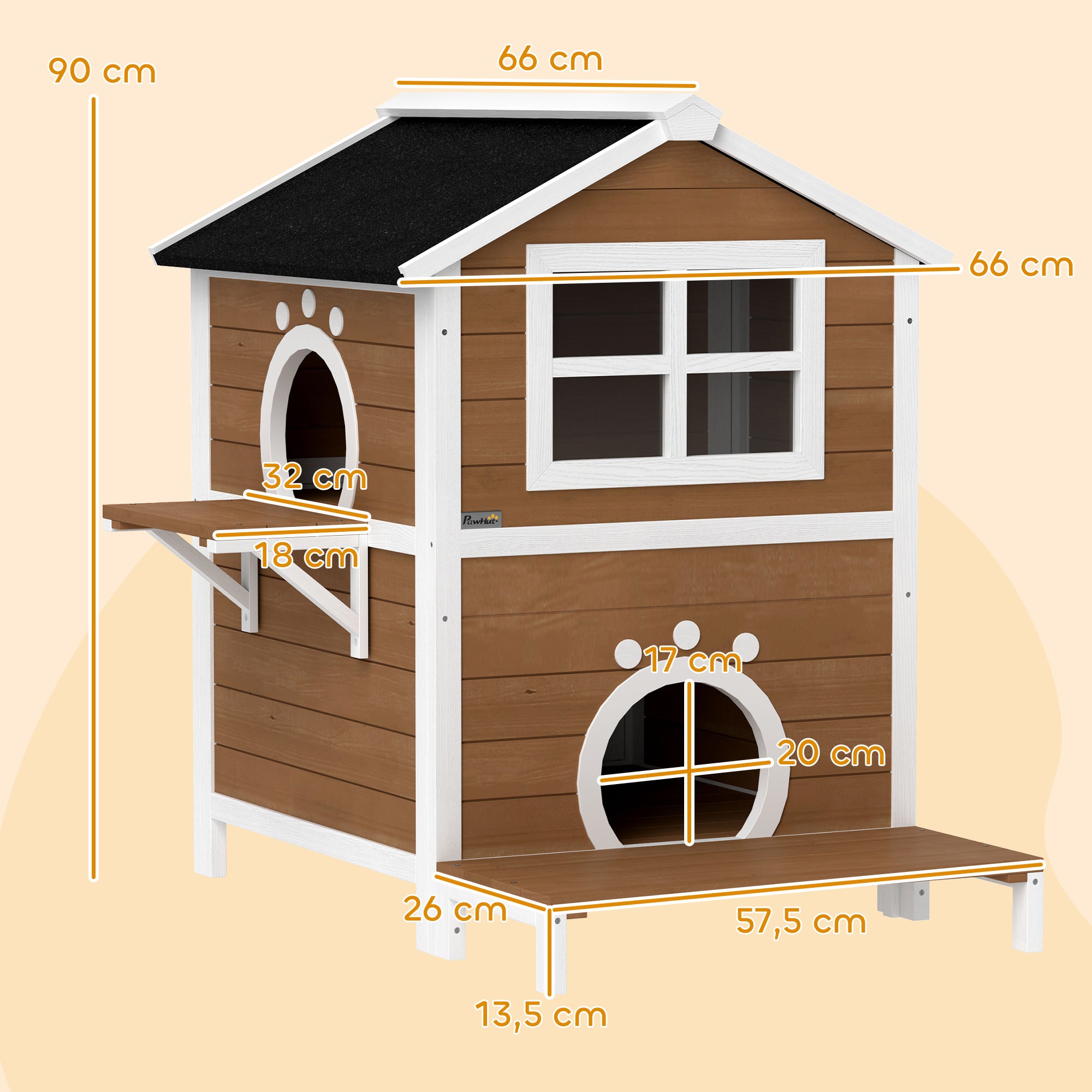 PawHut Outdoor-Katzenhaus mit wetterfestem Dach, Fenster, Balkon, herausnehmbarem Boden, 2 Ebenen, für 1-2 Katzen, Braun
