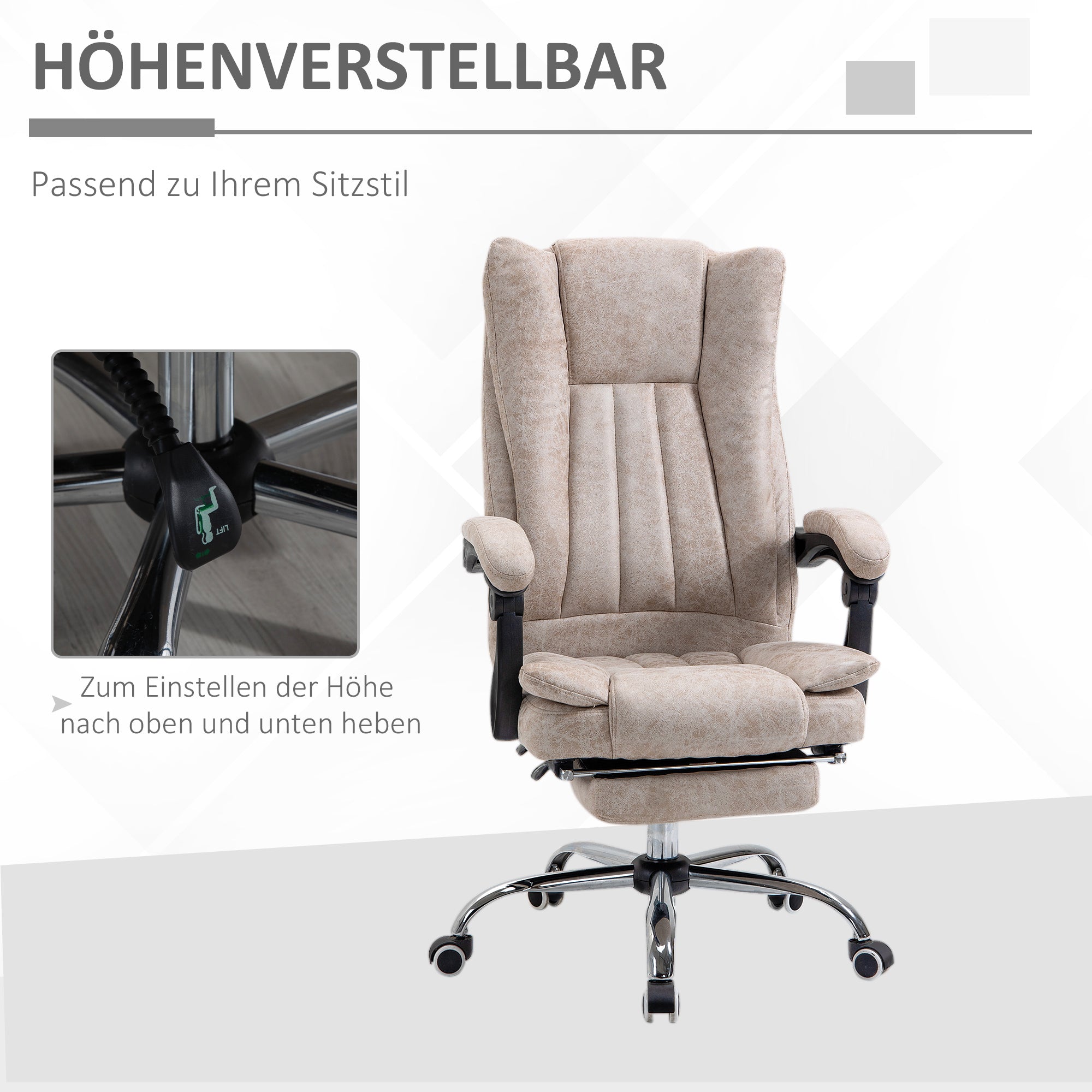 Vinsetto Bürostuhl Drehstuhl mit Liegefunktion Fußstütze Bürosessel Sitzhöhenverstellung Stuhl Schreibtischstuhl Mikrofaser Kunststoff Metall Nylon Beige+Schwarz+Silber 63 x 71 x 110-118 cm
