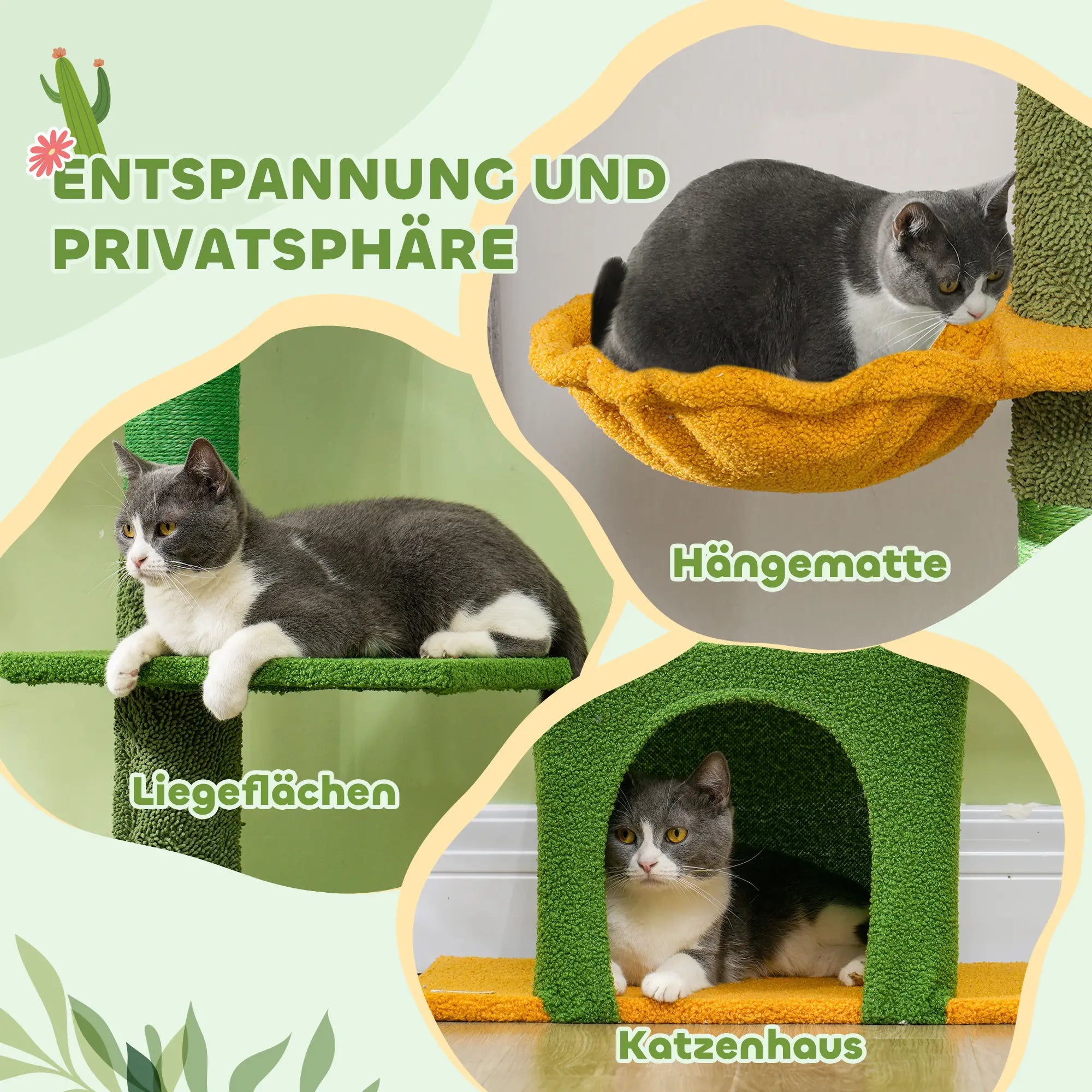 PawHut Höhenverstellbarer Kratzbaum 230-275 cm, platzsparend, Spielzentrum mit Hängematte, Grün