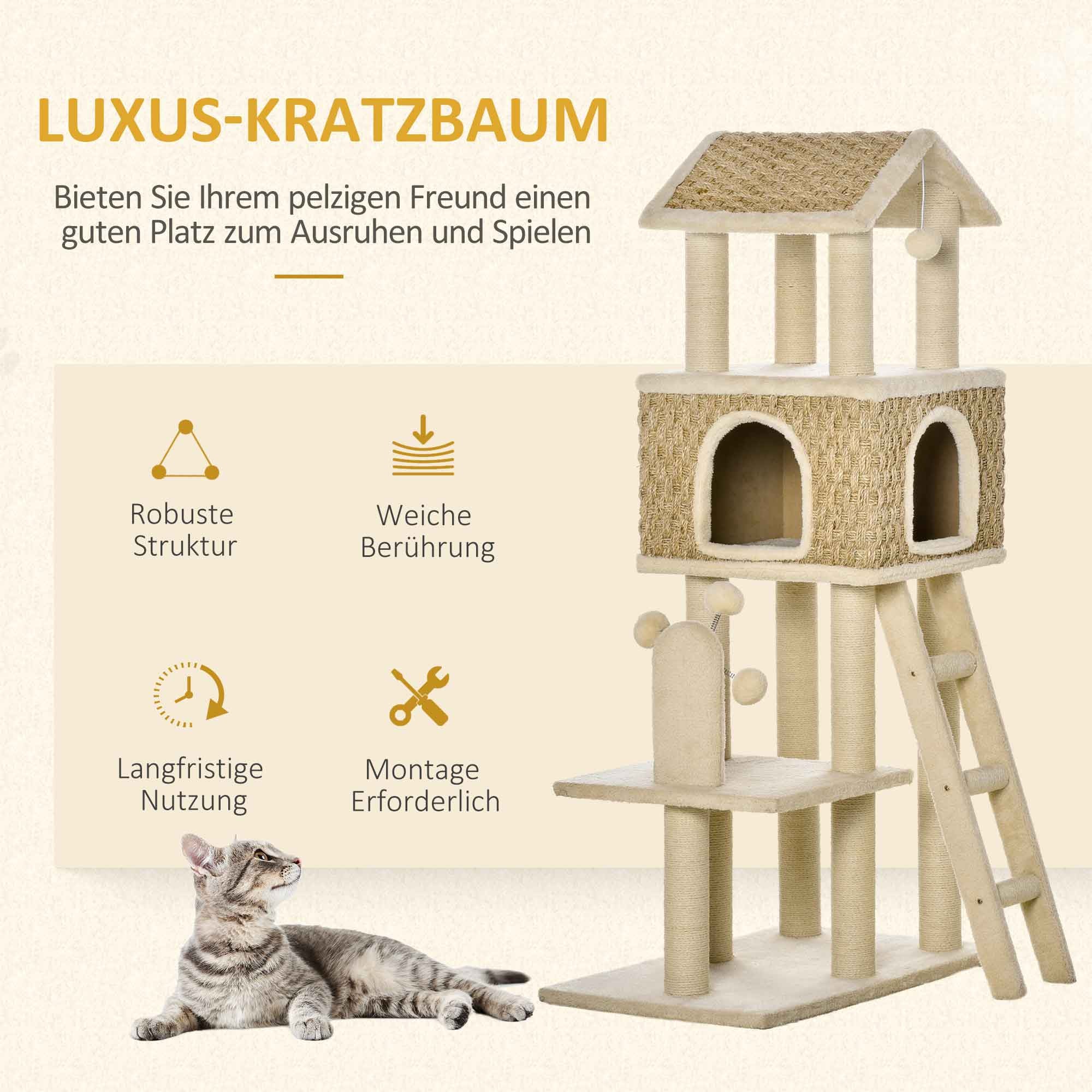 PawHut mit Katzenhöhle inkl. Spielzeug  Sisal Plüsch Khaki + Beige + Kaffee