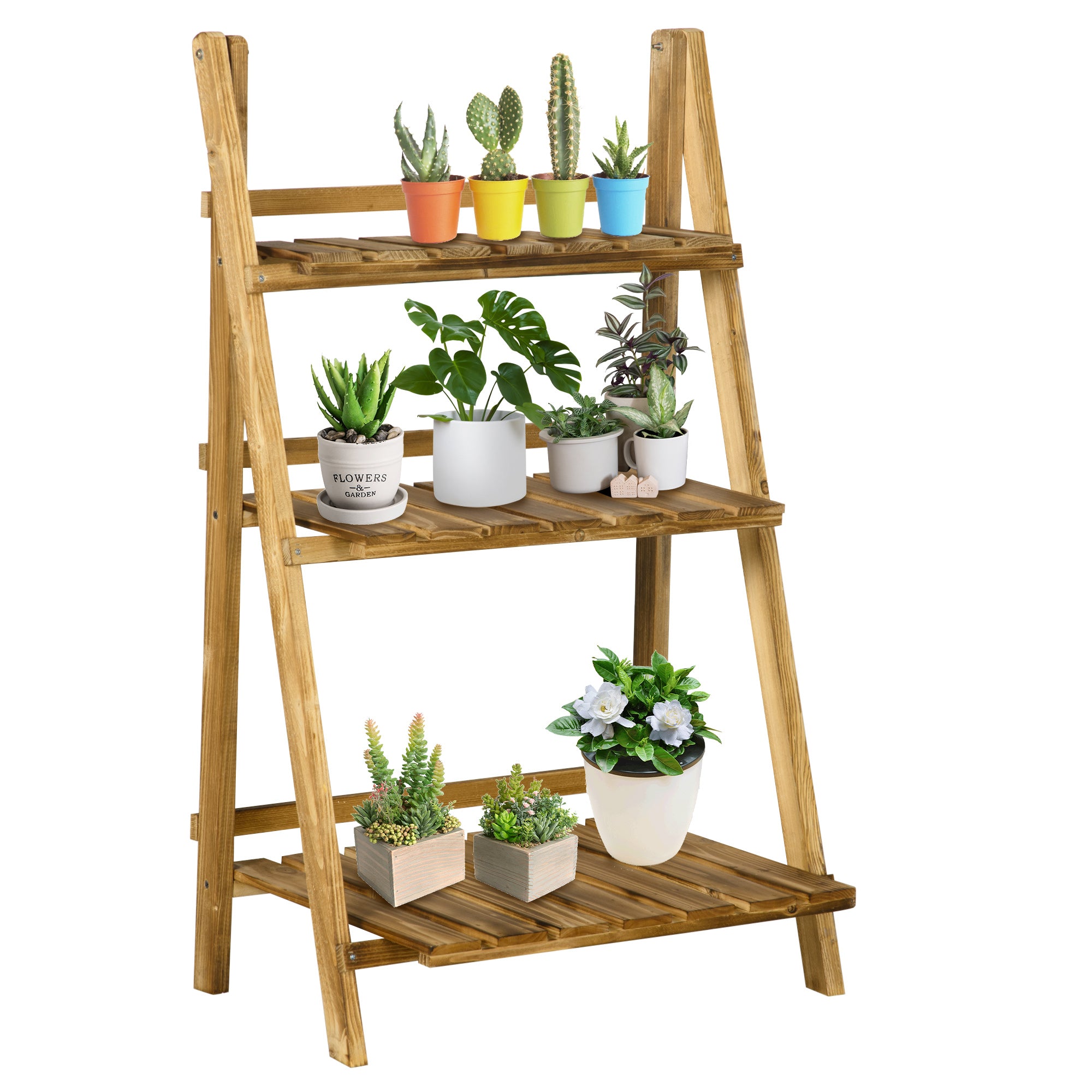 Outsunny Pflanzentreppe Blumenbank Blumentreppe Blumenregal Pflanzregal Blumenständer 3 Stufen Tannenholz Dunkelbraun 60 x 37 x 93 cm