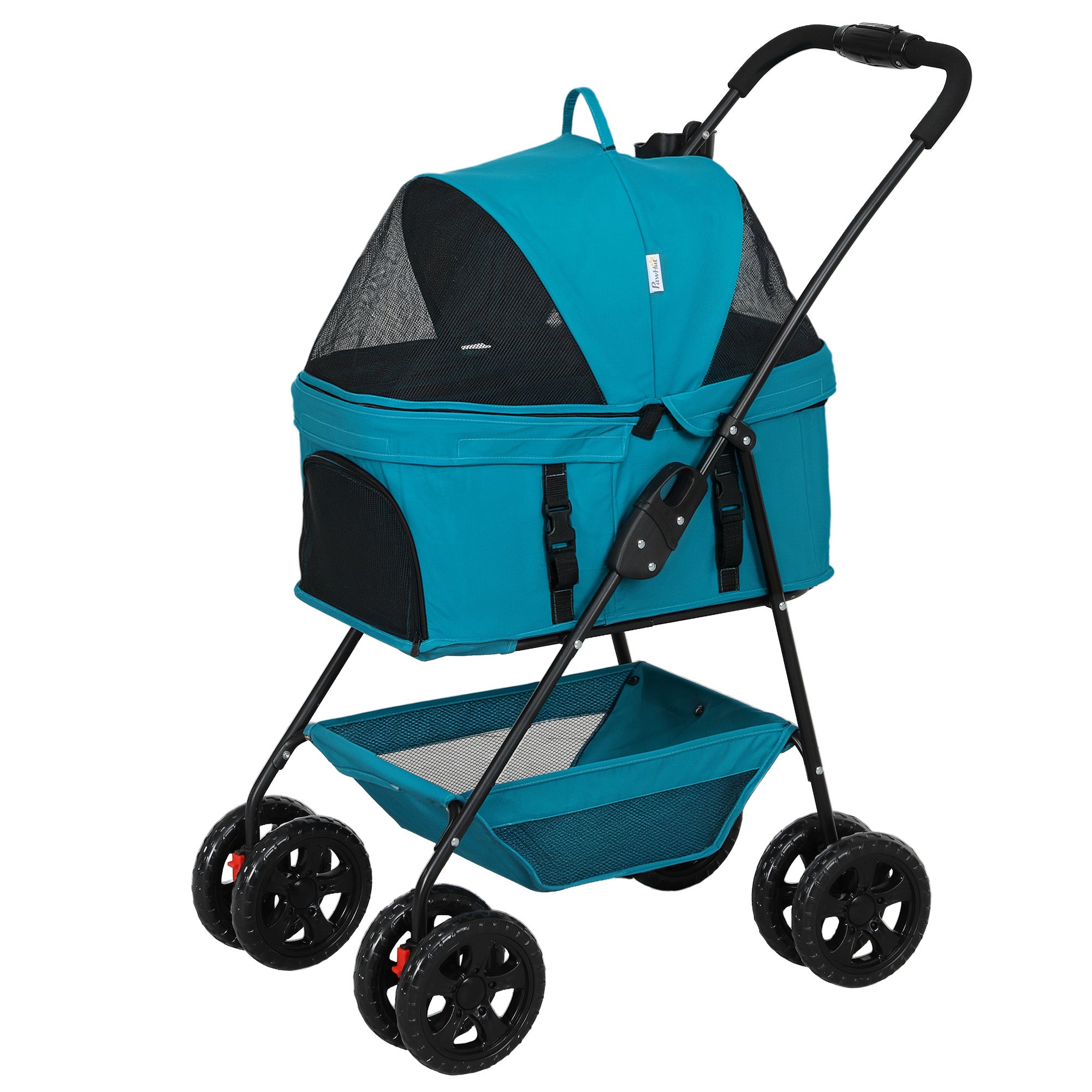 PawHut 3-in-1-Haustierkinderwagen, zusammenklappbarer Hundewagen mit 4 Rädern und abnehmbarer Trage für Hunde und Katzen Türkis