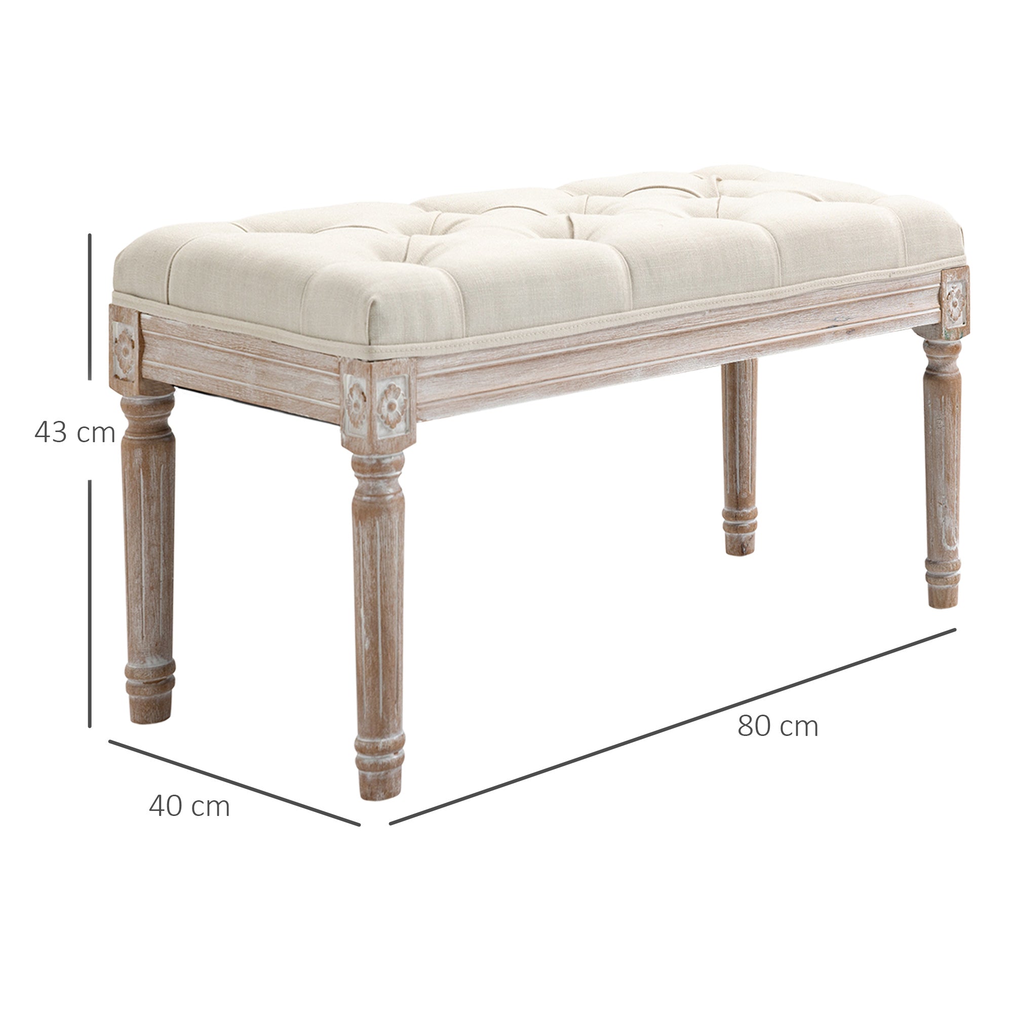 HOMCOM Gepolsterter Sitzhocker, Polsterbank, Fußhocker, Holz und Stoffbezug in Leinenoptik, 80L x 40B x 43H cm, Cremeweiß