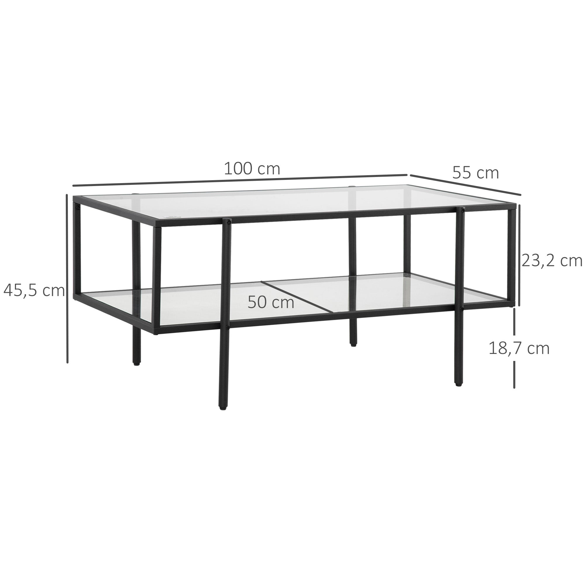 HOMCOM Couchtisch mit Ablage, verstellbare Füße, Stahlrahmen, Glasplatte, 100 x 55 x 45,5 cm, Weiß