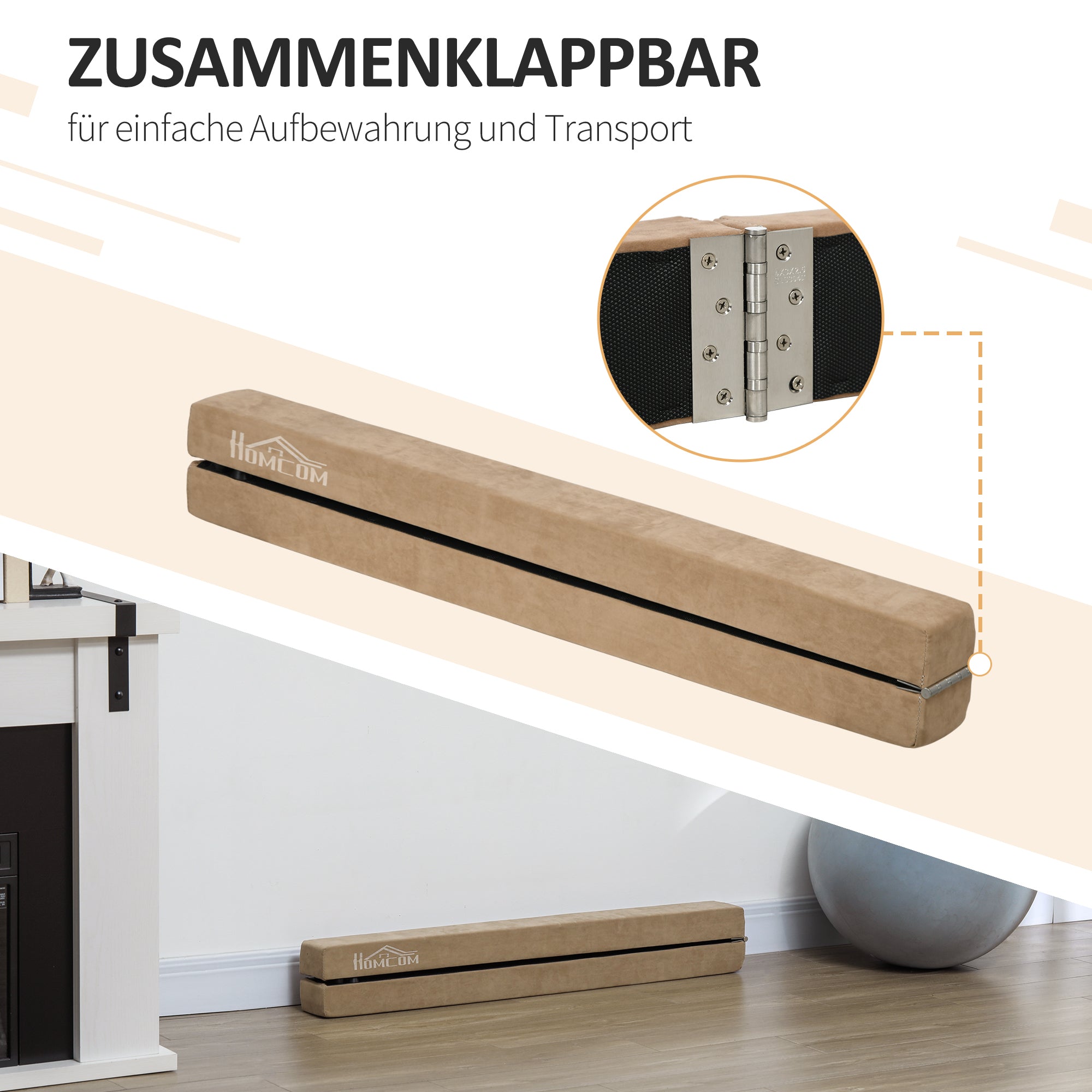 HOMCOM Faltbarer Schwebebalken, rutschfest, Wildlederbezug, robustes Holz, 210 x 10 x 6,5 cm, Braun