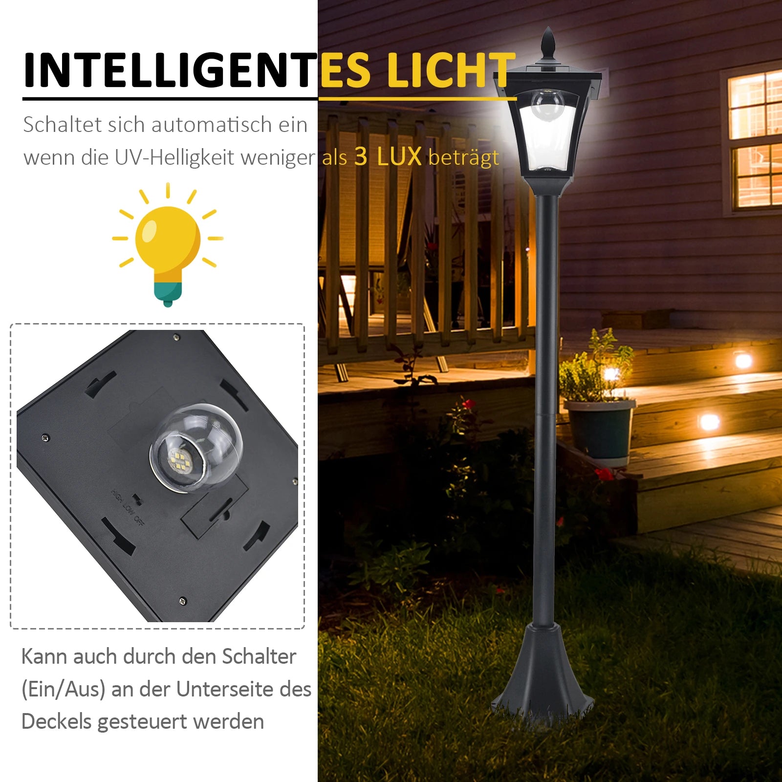 Outsunny LED Solar Gartenlaterne, Stehleuchte aus Edelstahl Gartenlampe 160 cm hoch Windlicht Außenleuchte IP44, Solarlampe mit Lichtsensor 30 Lumen Erdspieß, Gartenlampe für Garten Balkon Schwarz