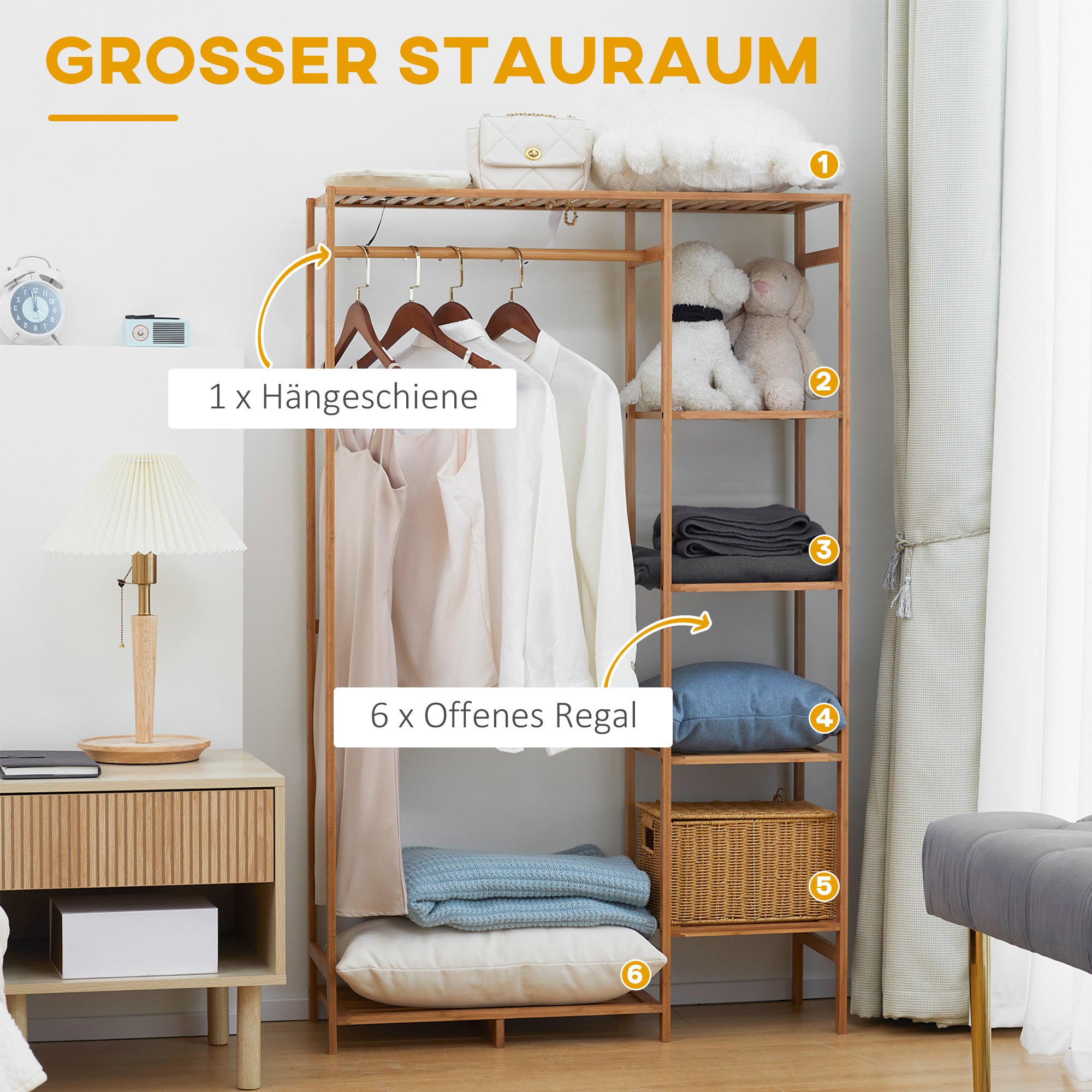 HOMCOM Kleiderständer Garderobenständer mit Kleiderstange, Schuhablag, Regal, Garderobe aus Bambus Naturholz