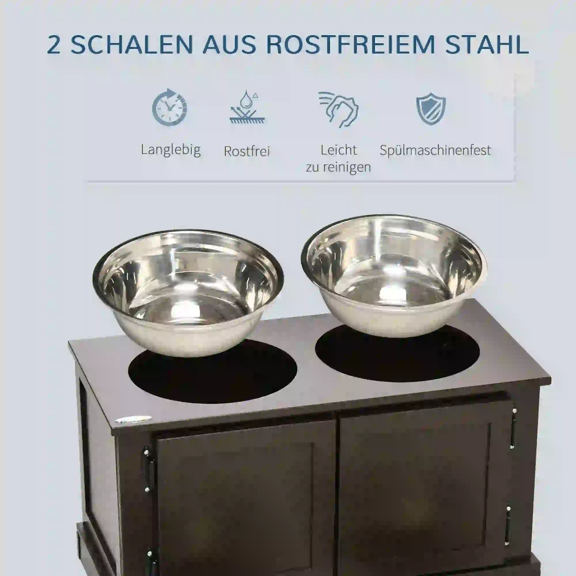 PawHut Futterstation Erhöhte Futternäpfe, inklusive Stauraum, 60 cm x 30 cm x 34 cm, Braun + Silber