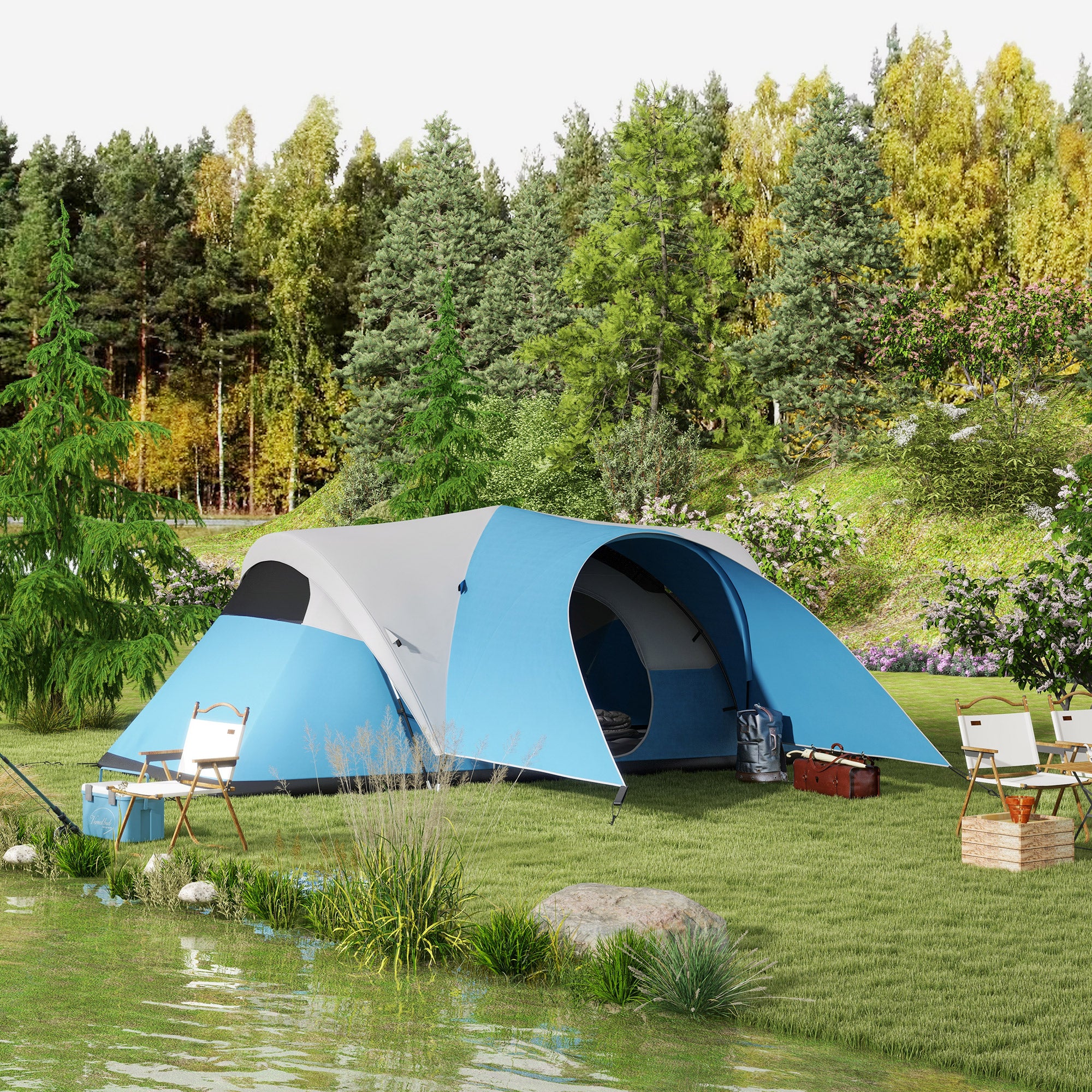 Outsunny Campingzelt für 5-6 Pers., Familienzelt, wasserdicht, mit Vorzelt, 550L x 300B x 198Hcm, Blau