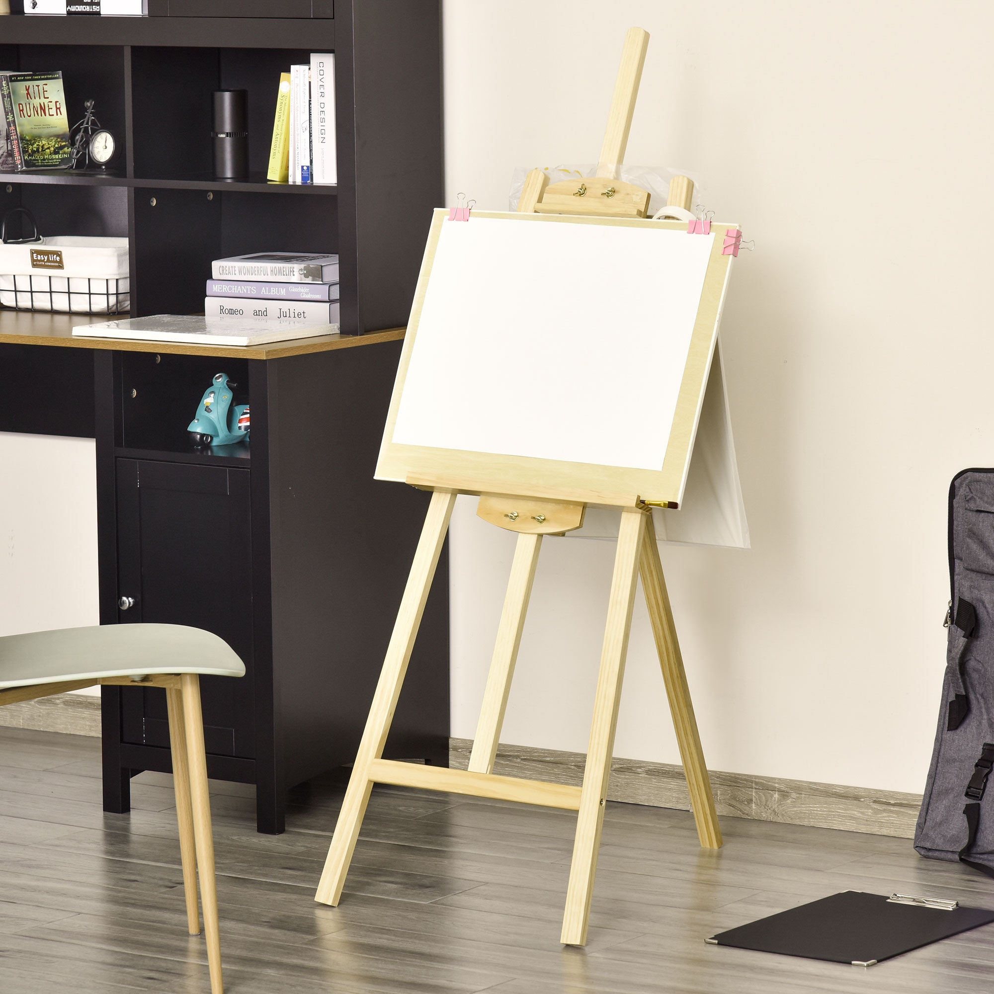 HOMCOM Staffelei Sitz- und Standstaffelei Klappbare Atelierstaffelei 75° einstellbar mit Halterung für Kunstmalerei Und Außenwerbung Kiefernholz Natur 51,5 x 71,5 x 134,5 cm