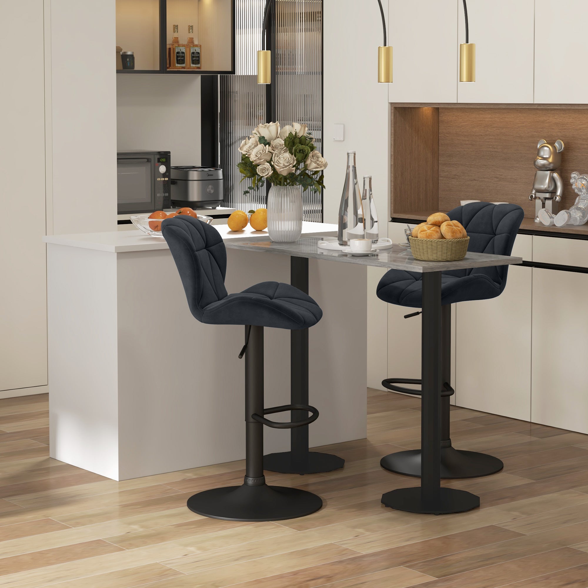 HOMCOM 2er-Set Barhocker drehbare Barstühle mit Lehne höhenverstellbarer Bistrohocker Tresenhocker Samt Touch armloser Schaumstoff Schwarz 51,5x 57,5 x 93-114,5 cm