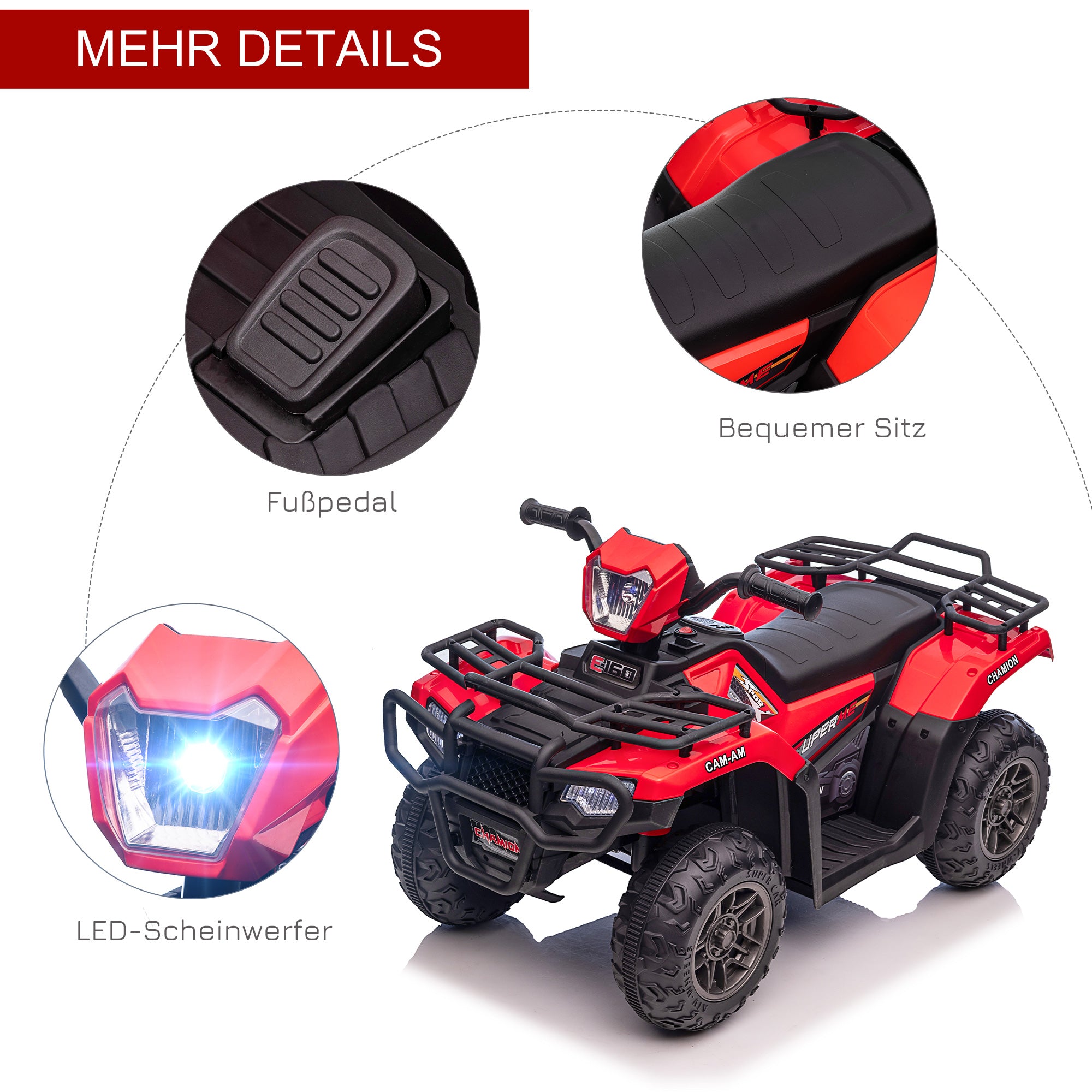 HOMCOM Kinder-Elektroquad, max. 4 km/h, ab 3 Jahren, LED-Scheinwerfer, Musikanschluss, schwarz+rot 88 x 45 x 50 cm