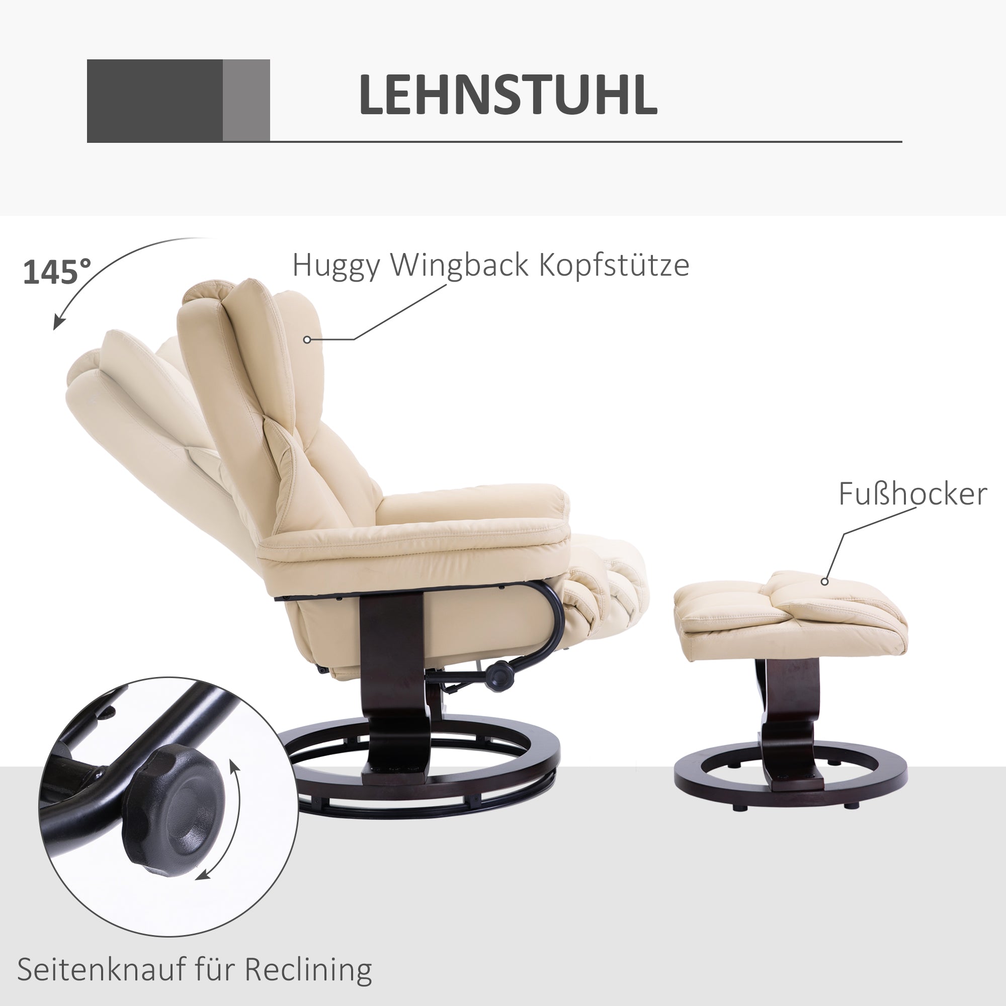 HOMCOM Relaxsessel mit Hocker, Liegefunktion, drehbar, bis 160 kg, Kunstleder, Metallrahmen, creme, 80 x 79 x 100 cm