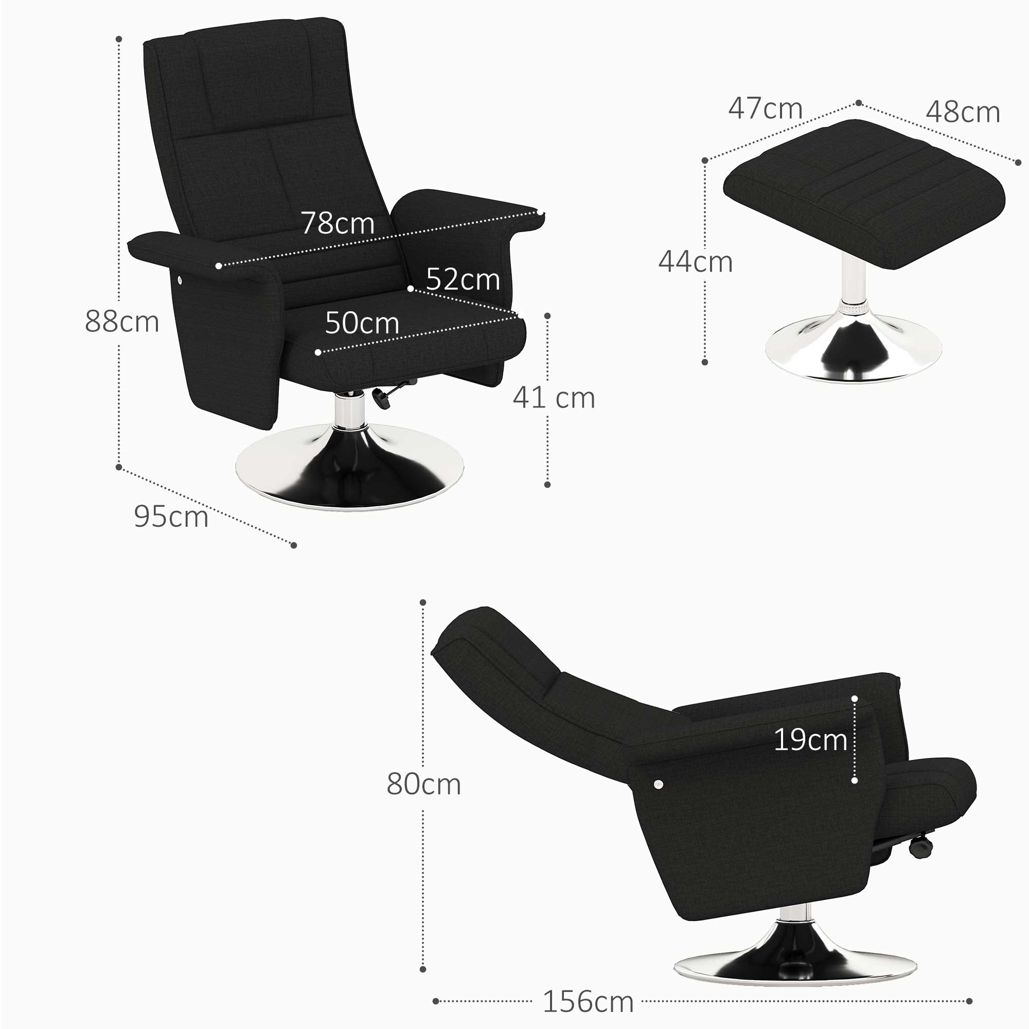 HOMCOM Massagesessel mit Hocker, neigbare Lehne, 78 x 95 x 88 cm, Schwarz