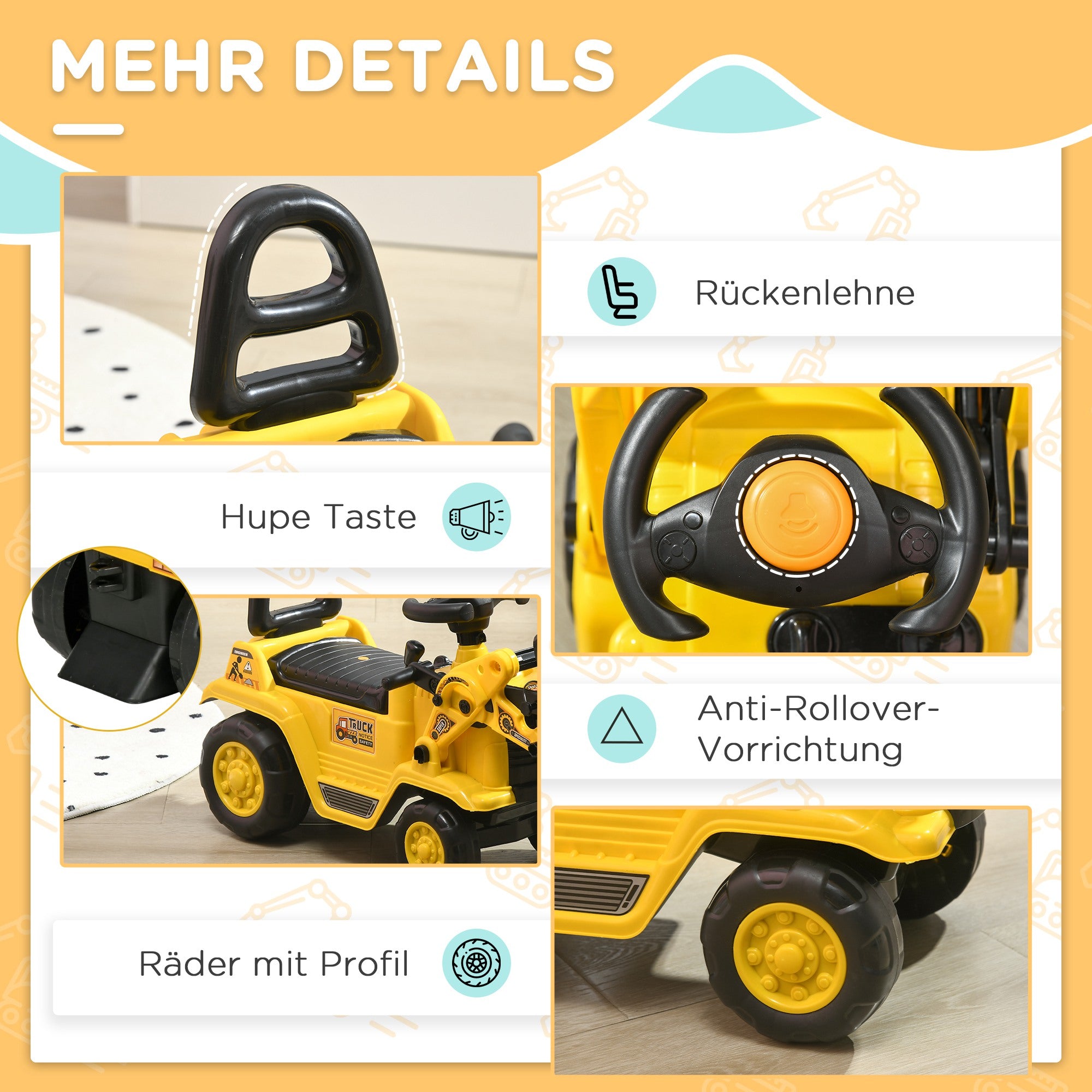 HOMCOM Sitzbagger mit eingebautem Ablagefach Kinder Rutschauto Traktor Kinderbagger mit Hupe Rutscher Bagger Rutscherfahrzeug Laufrad Gelb+Schwarz 80 x 26,5 x 39 cm
