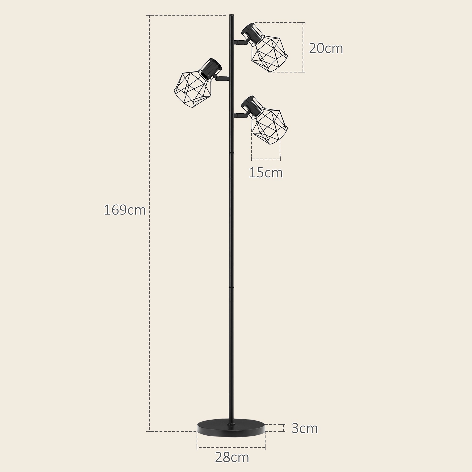 HOMCOM 3-Licht-Stehlampe mit flexiblen Leuchtelementen, baumähnliche Struktur, für Wohnzimmer und Schlafzimmer, Metall, Schwarz